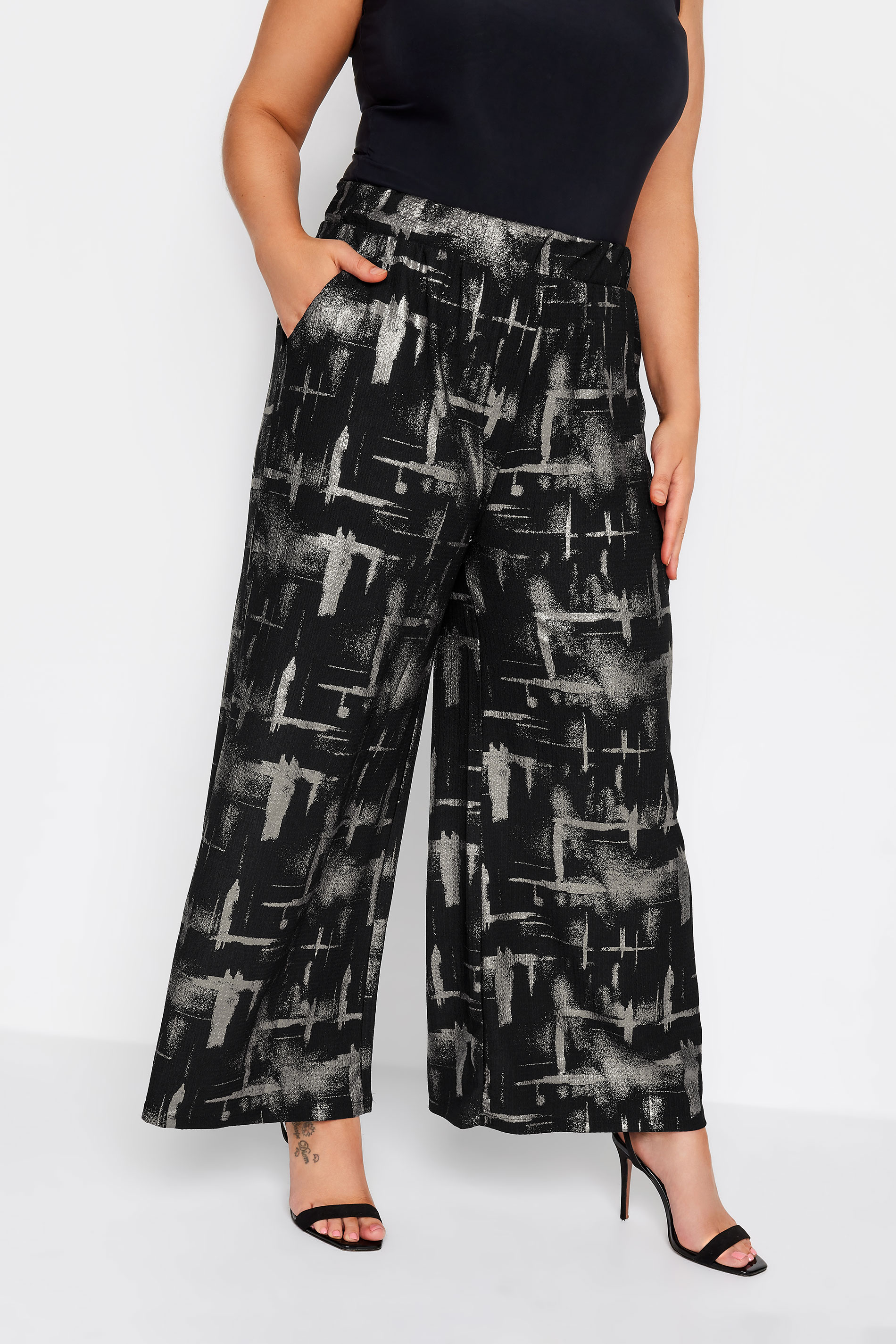 YOURS Curve Black & Silver Abstract Print Wide Leg Trousers | Yours Clothing 1