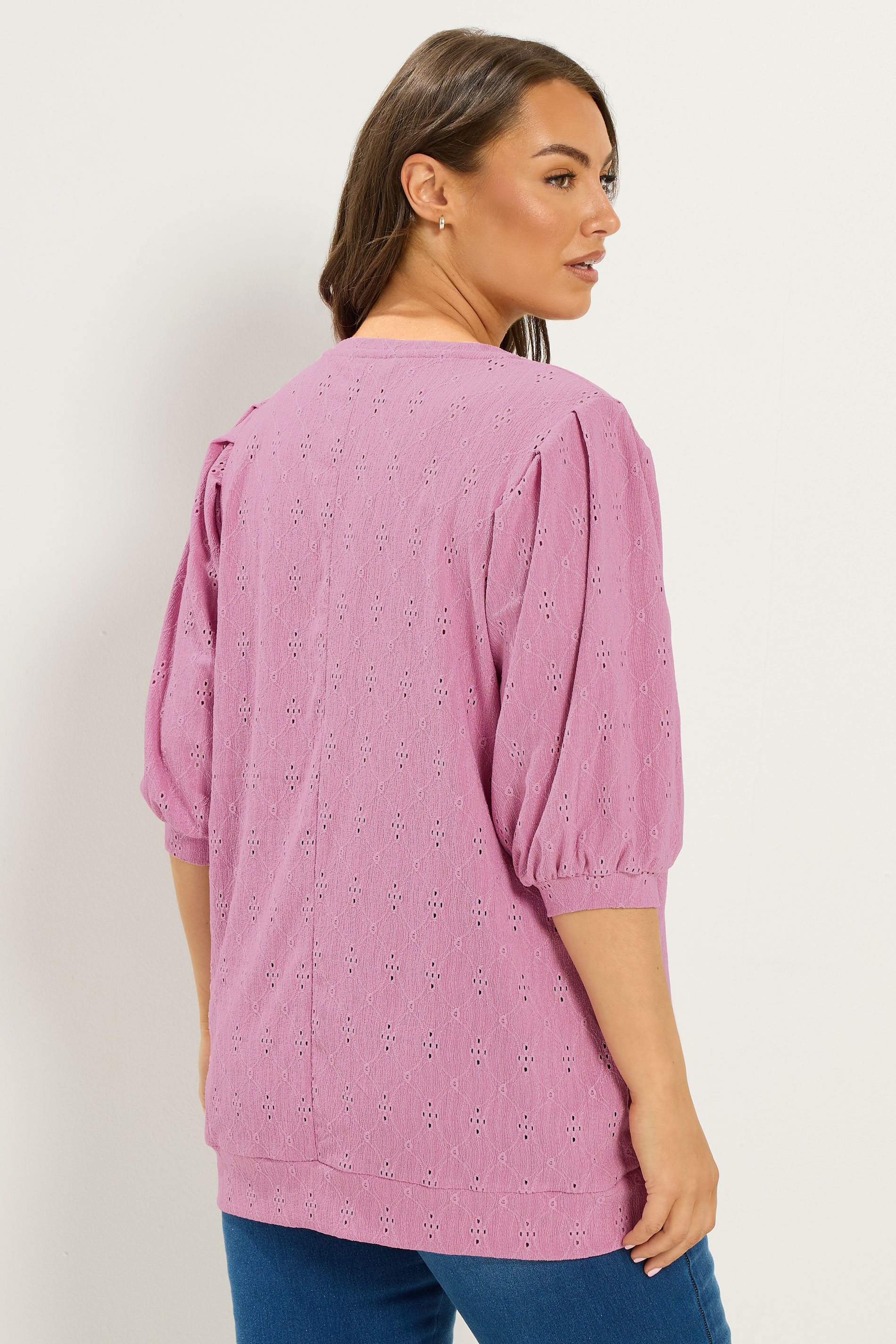 YOURS Plus Size Pink Broderie Anglaise Balloon Sleeve Top | Yours Clothing 2