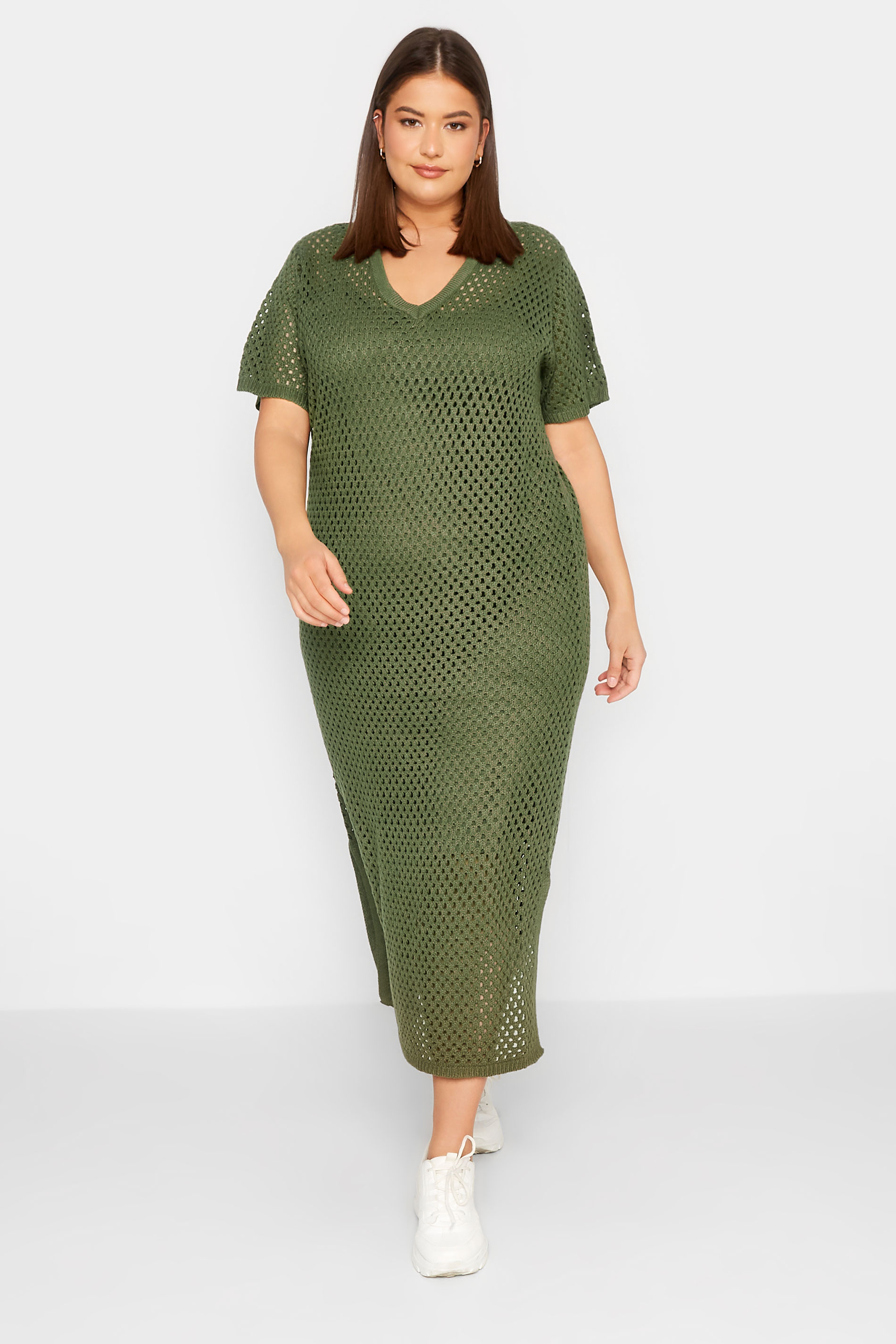 LTS Tall Khaki Green Crochet Midaxi Dress | Long Tall Sally 1