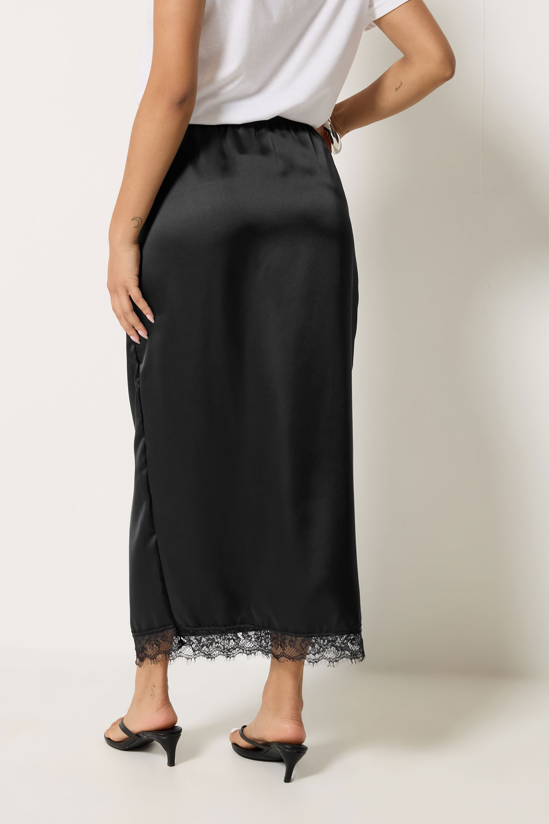 PixieGirl Petite Women's Black Lace Hem Satin Maxi Skirt | PixieGirl 4