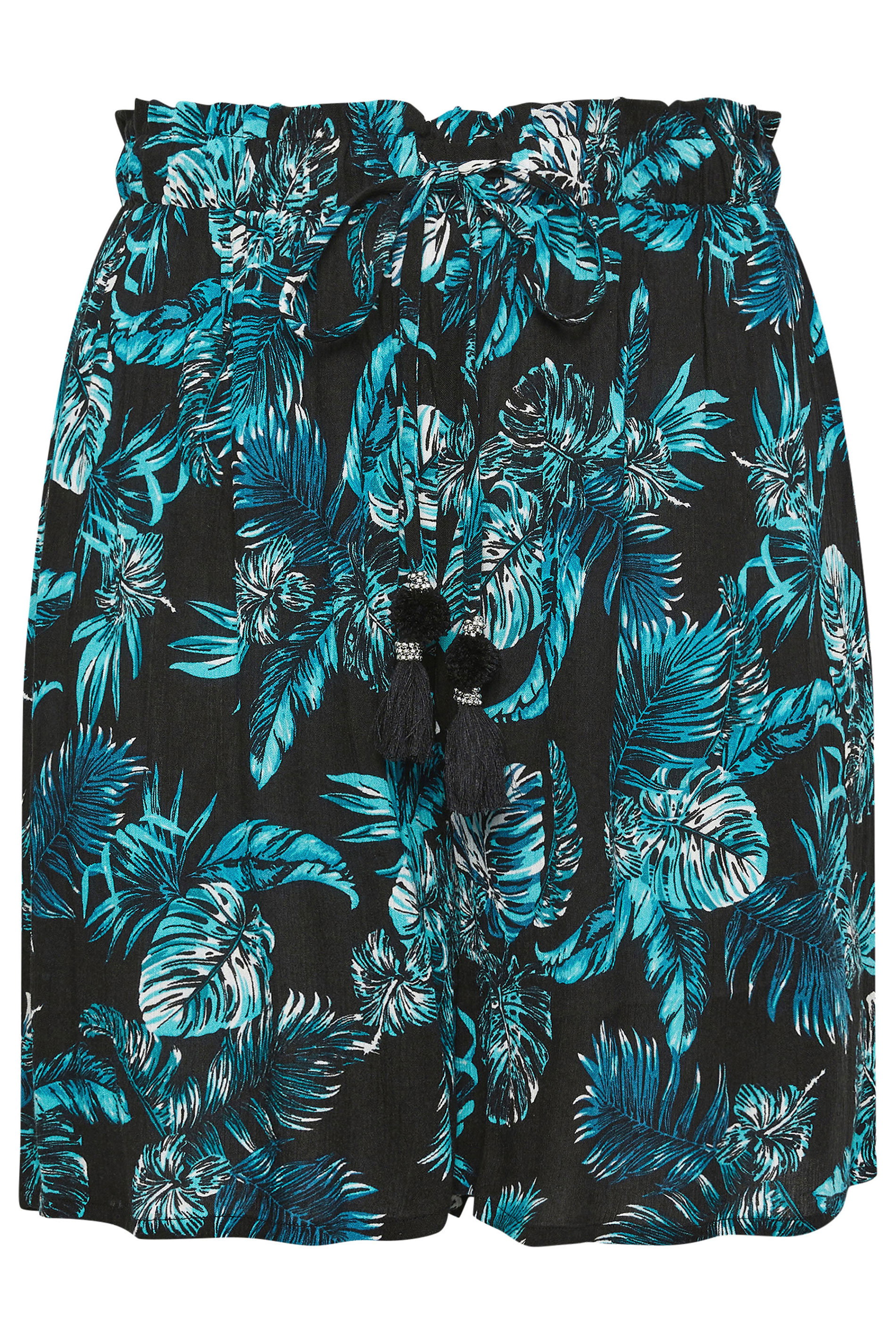 YOURS Plus Size Black Tropical Print Crinkle Tassel Shorts | Yours Clothing