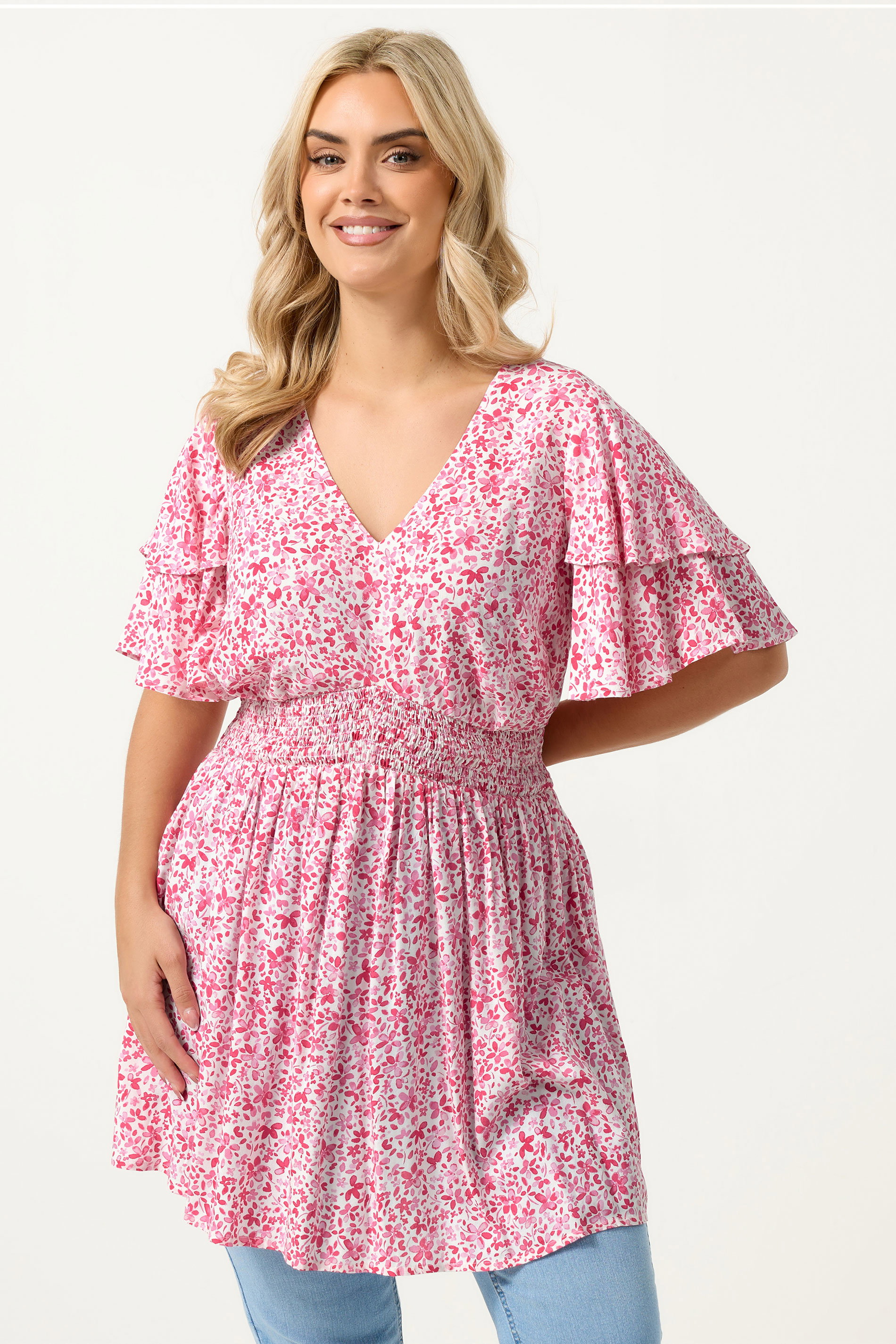 Pink Yours Plus Size Ditsy Print Flutter Sleeve Top Size 22-24
