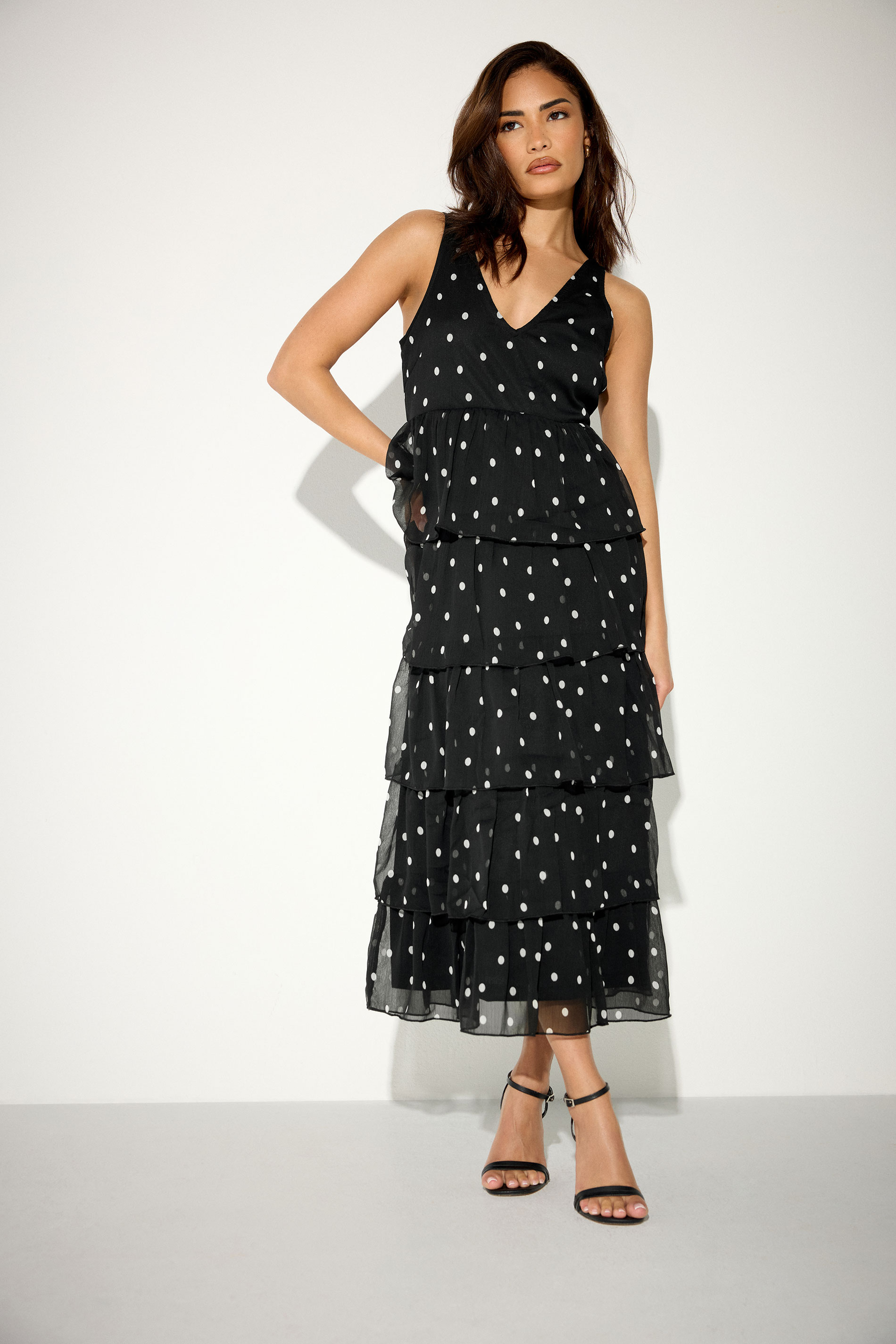 PixieGirl Petite Women's Black Polka Dot Chiffon Midi Dress | PixieGirl 3