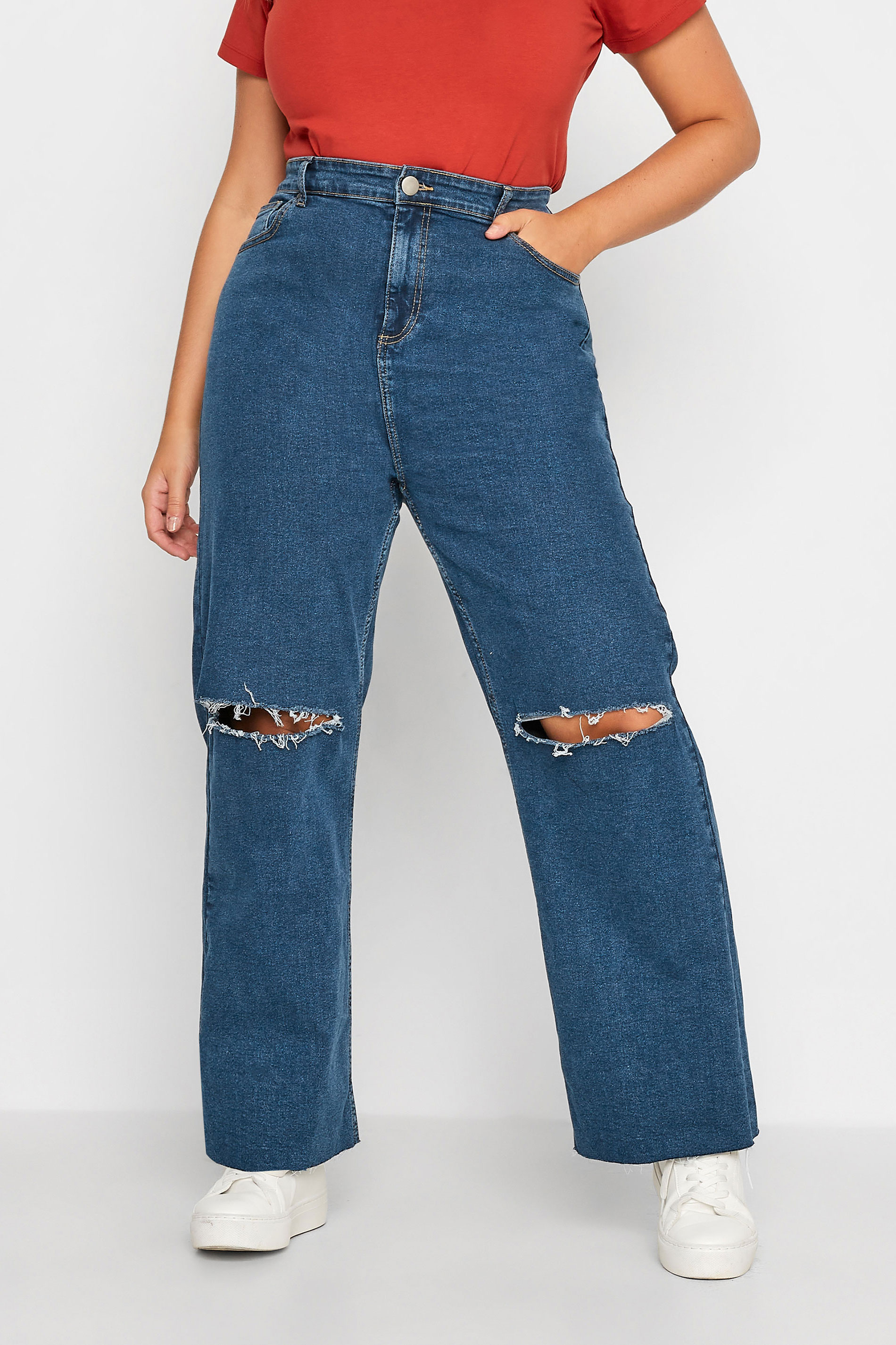 Curve Mid Blue Ripped Wide Leg Jeans 1