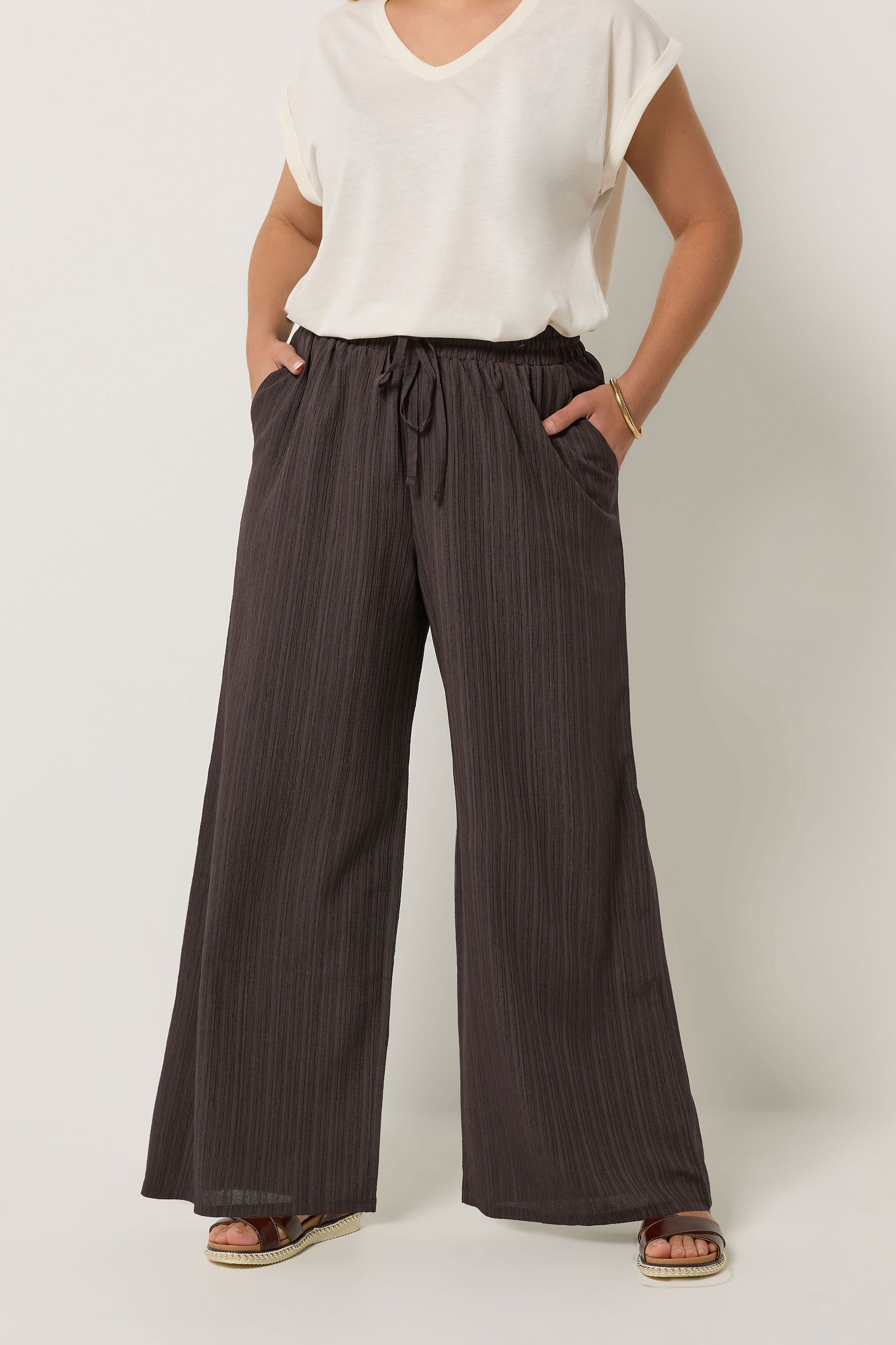 YOURS Plus Size Brown Wide Leg Textured Trousers | Yours Clothing 3