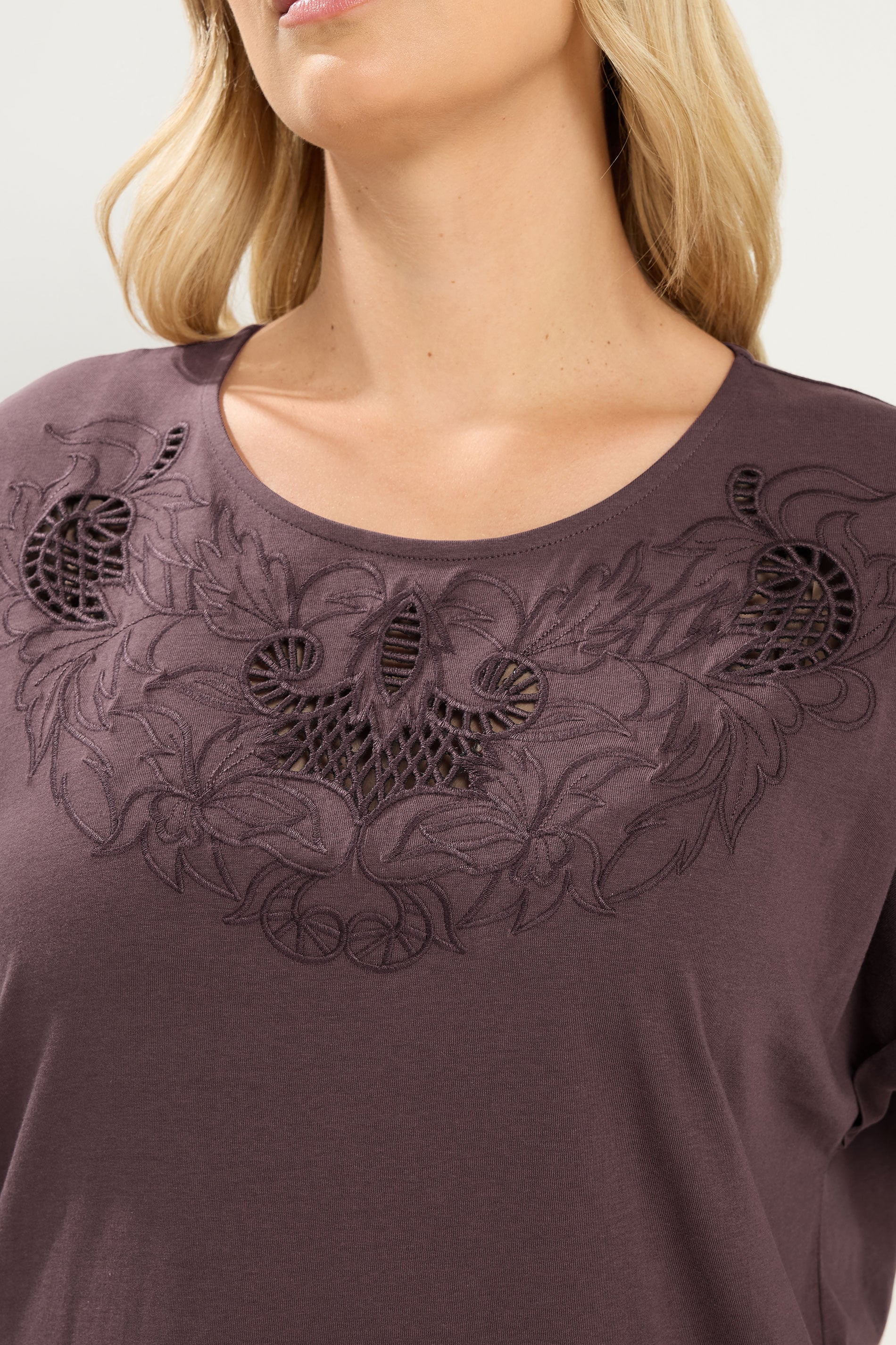 YOURS Plus Size Brown Broderie Anglaise Grown On Sleeve T-Shirt | Yours Clothing 4