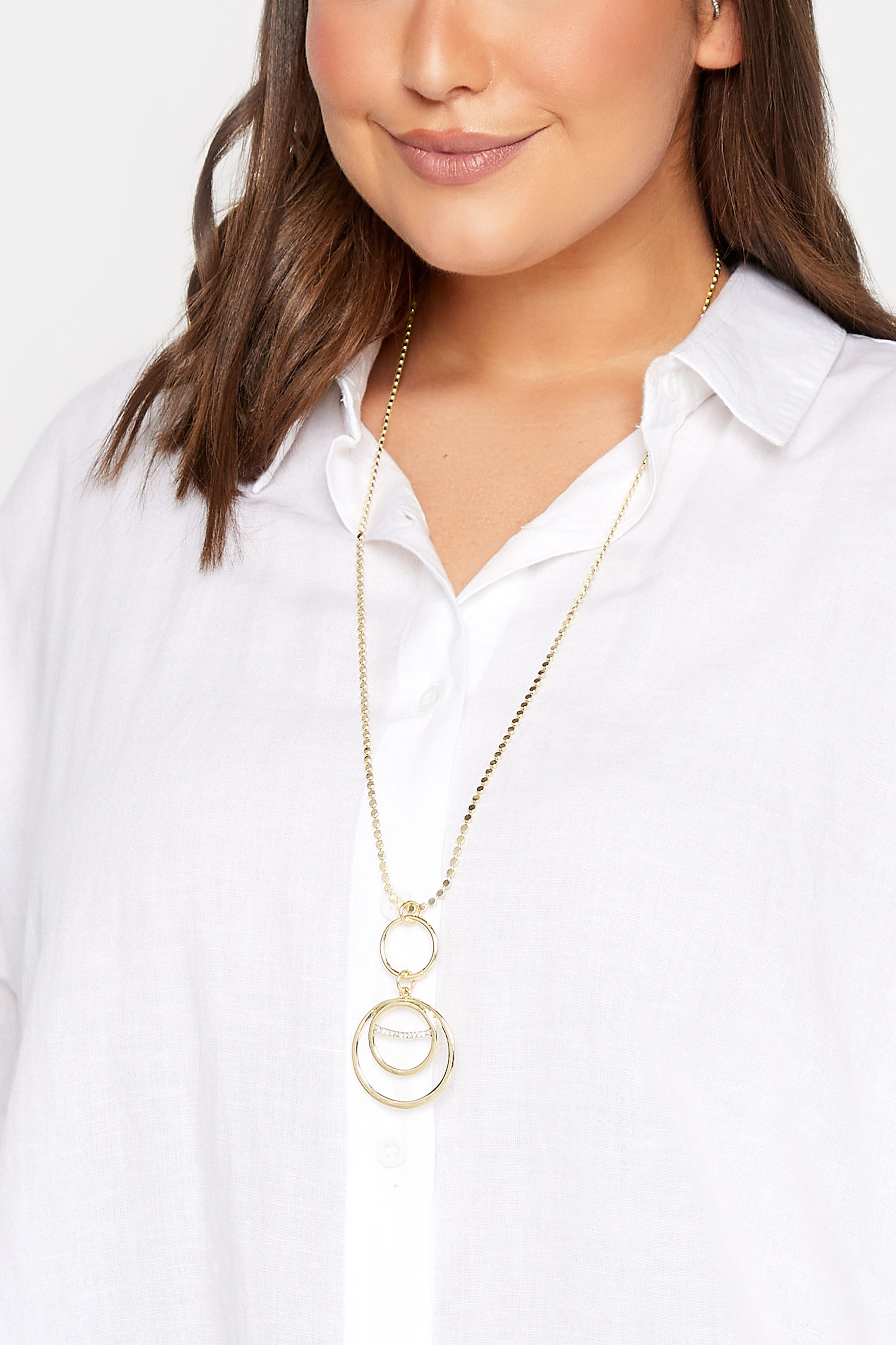 Gold Tone Long Double Circle Pendant Necklace | Yours Clothing  1