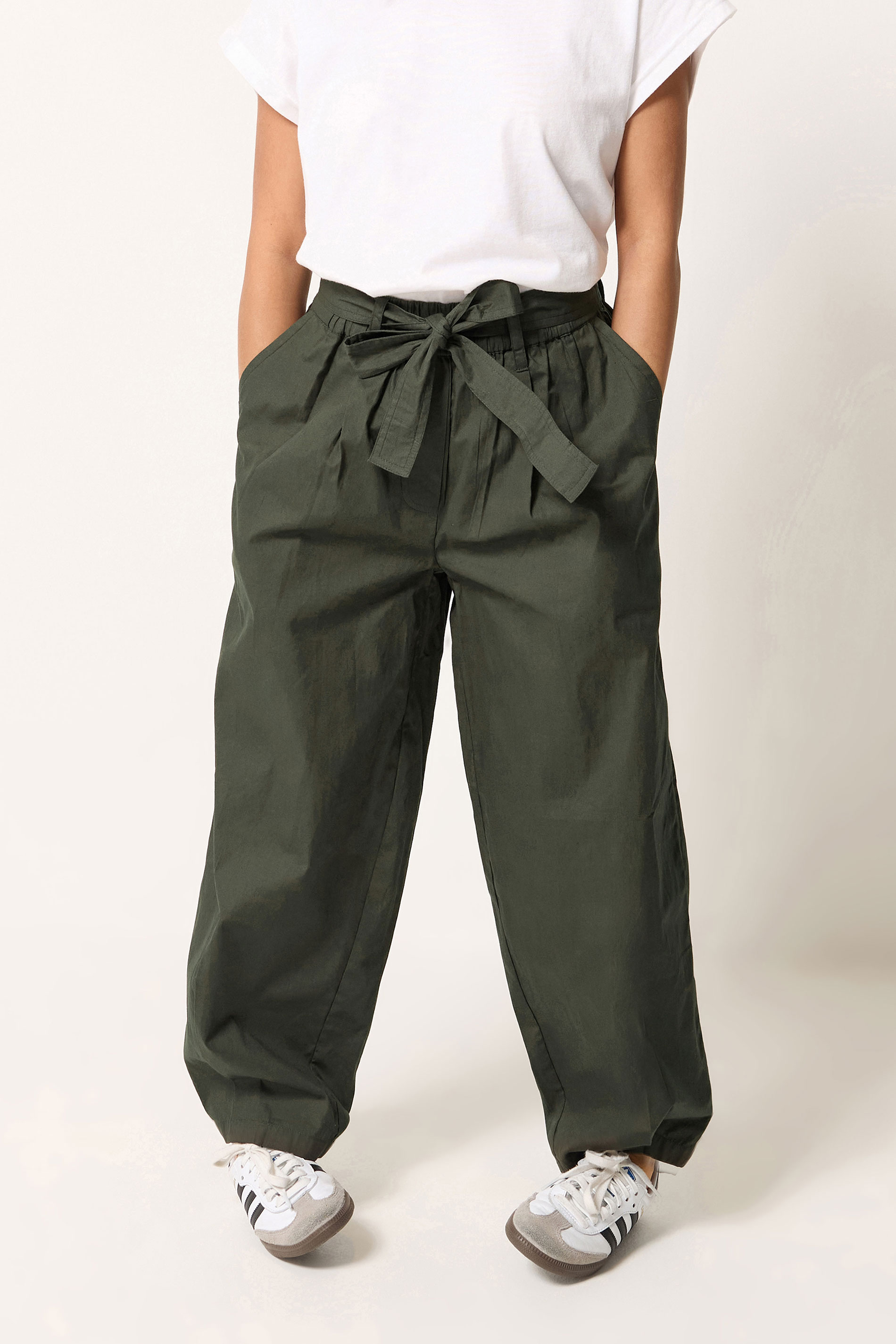 PixieGirl Petite Women's Khaki Green Poplin Barrel Trousers | PixieGirl 1