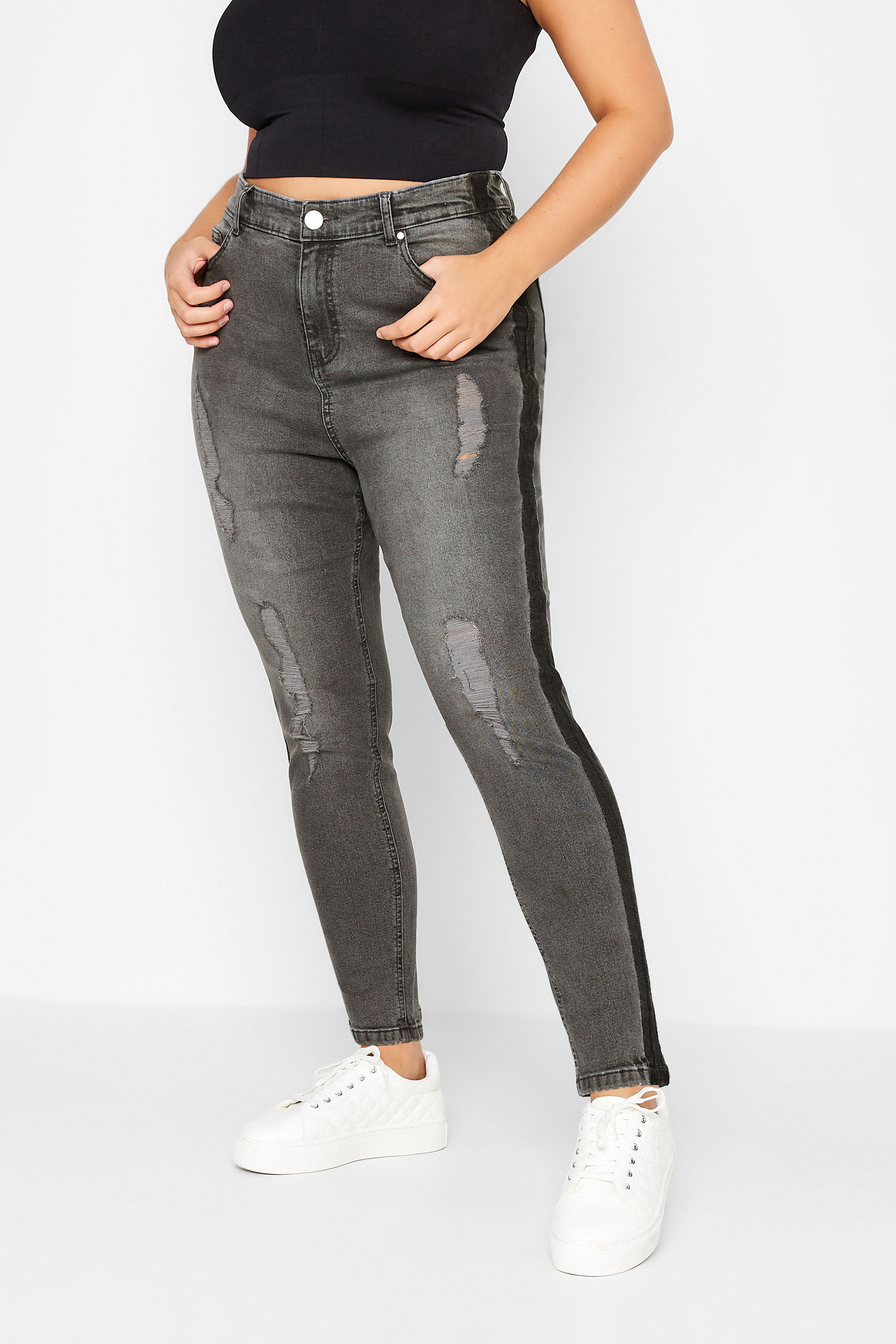 Curve Black Contrast Side Ripped Skinny AVA Jeans | Yours Clothing 1