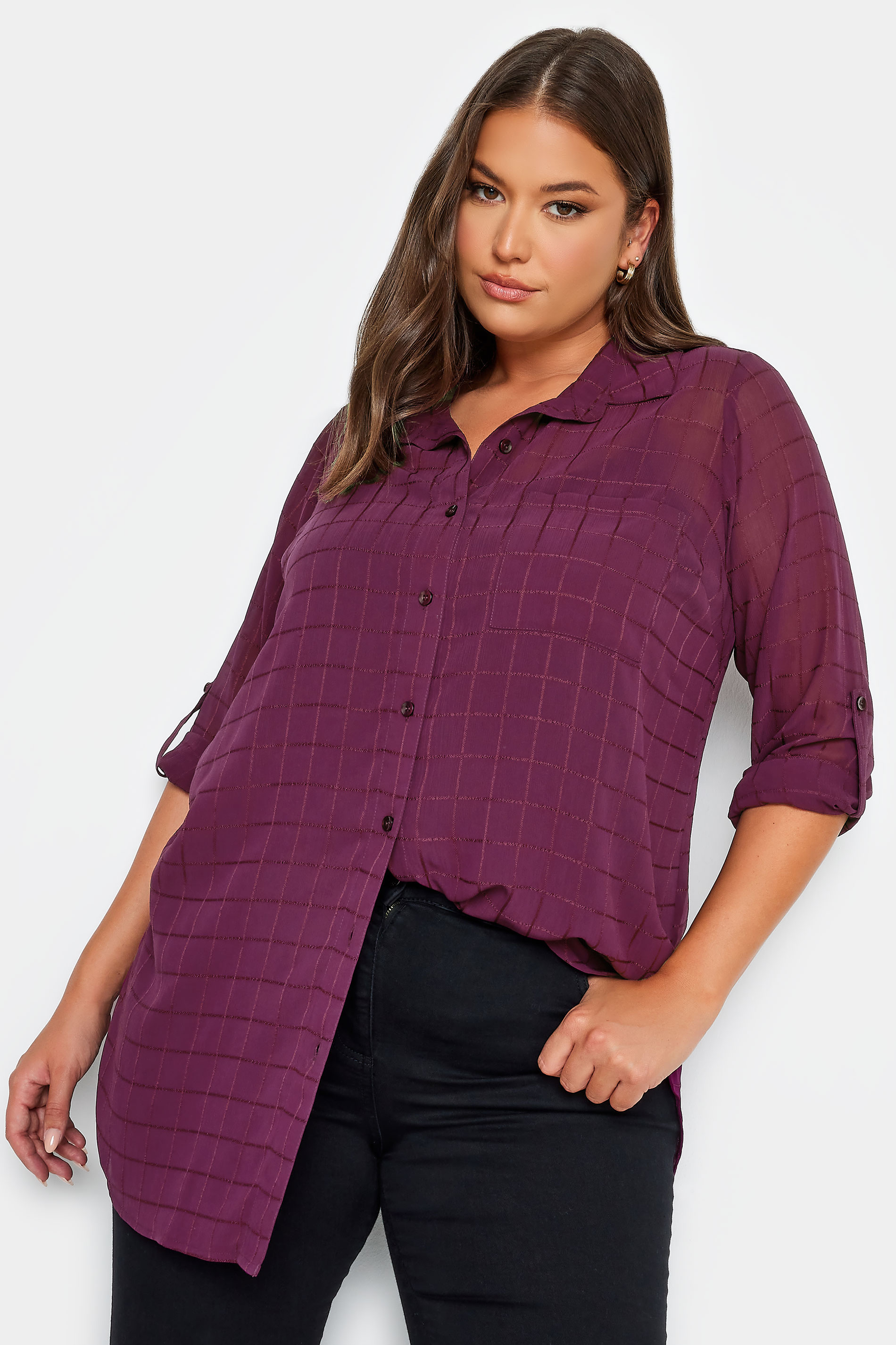 YOURS LONDON Plus Size Purple Check Chiffon Shirt | Yours Clothing 1