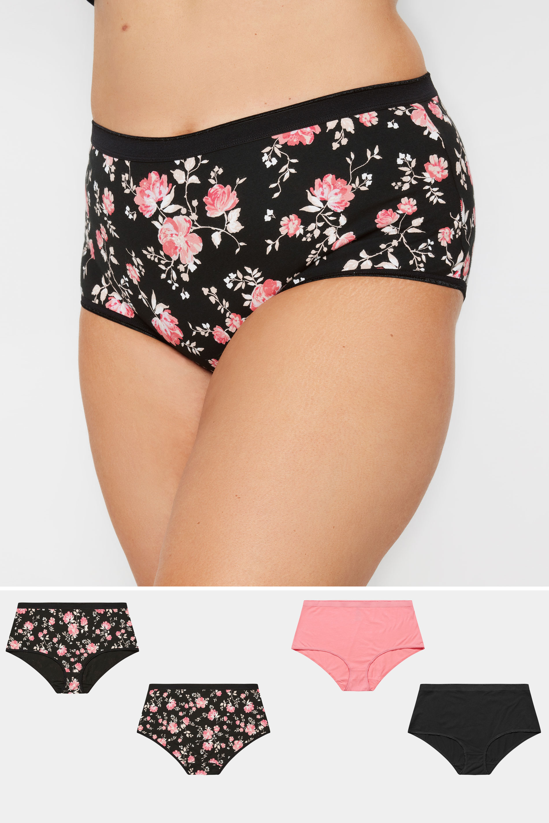 YOURS 5 PACK Plus Size Black & Pink Floral Print Full Briefs | Yours Clothing 1
