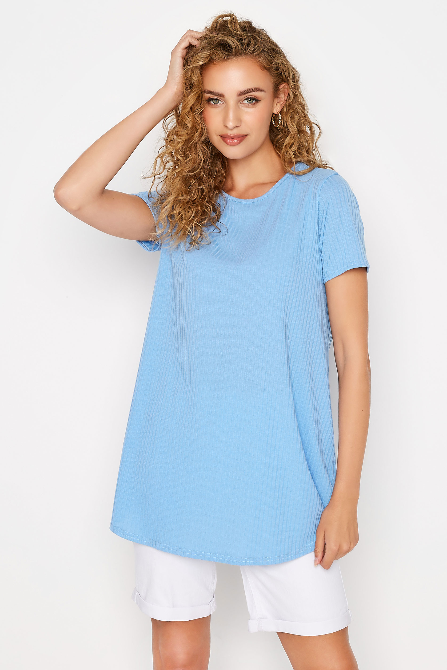 LTS Tall Blue Short Sleeve Ribbed Swing Top 1
