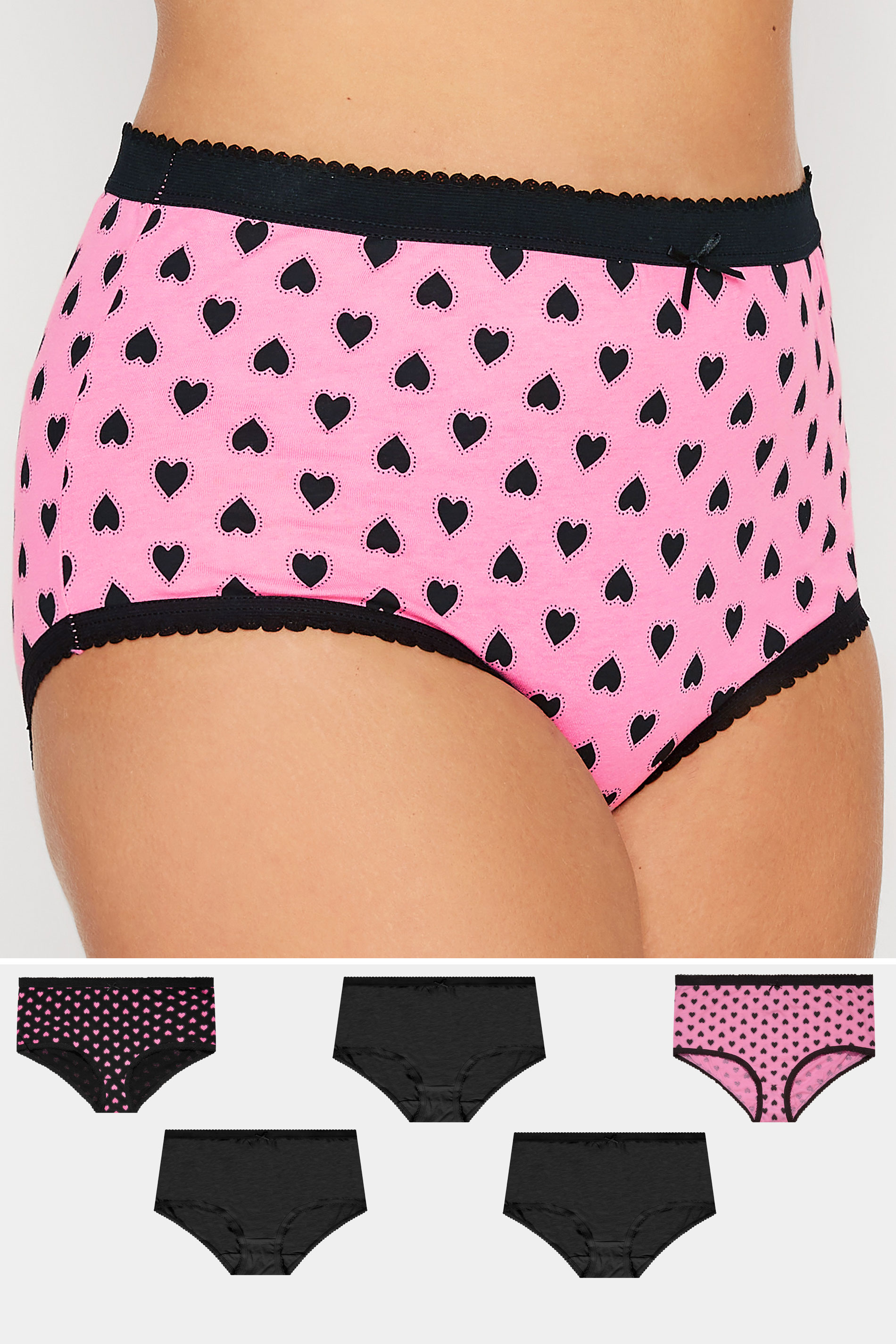 5 PACK Curve Pink & Black Love Heart Full Briefs | Yours Clothing 1