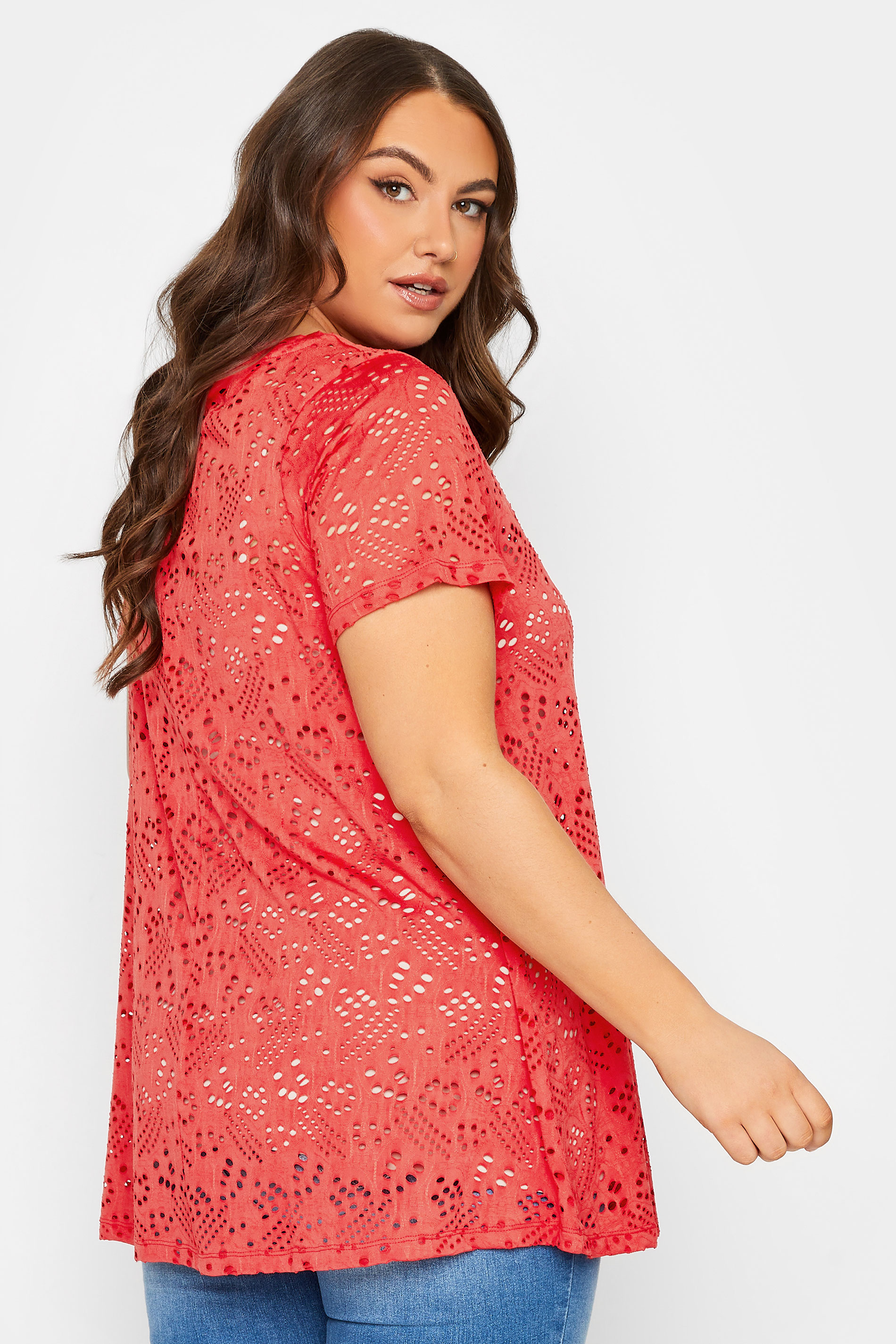 YOURS Curve Plus Size Red Broderie Anglaise Swing V-Neck T-Shirt | Yours Clothing  3