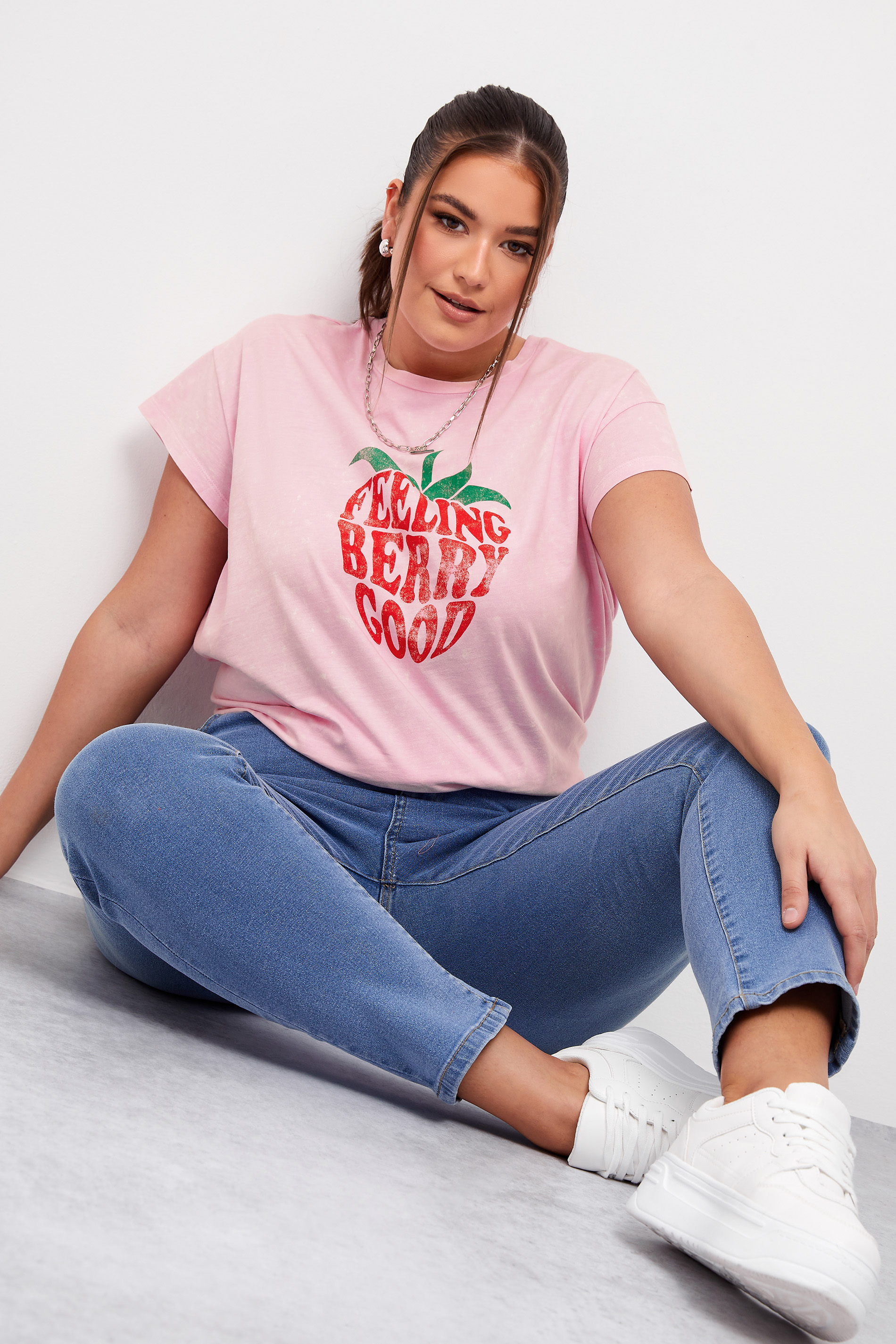 LIMITED COLLECTION Plus Size Pink 'Berry Good' Acid Wash T-Shirt | Yours Clothing 1