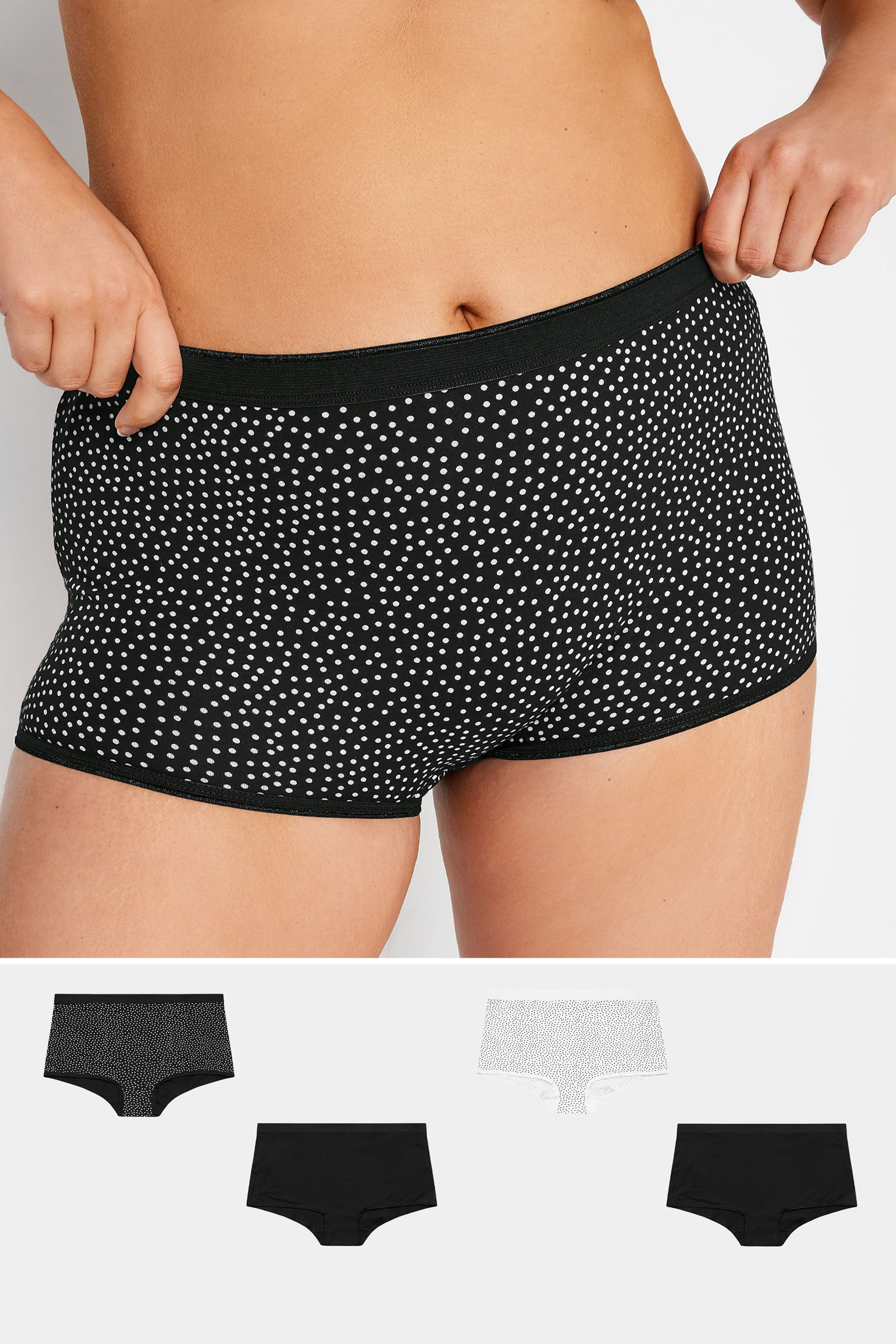 YOURS 4 PACK Plus Size Black Spot Print Cotton Stretch Shorts | Yours Clothing 1