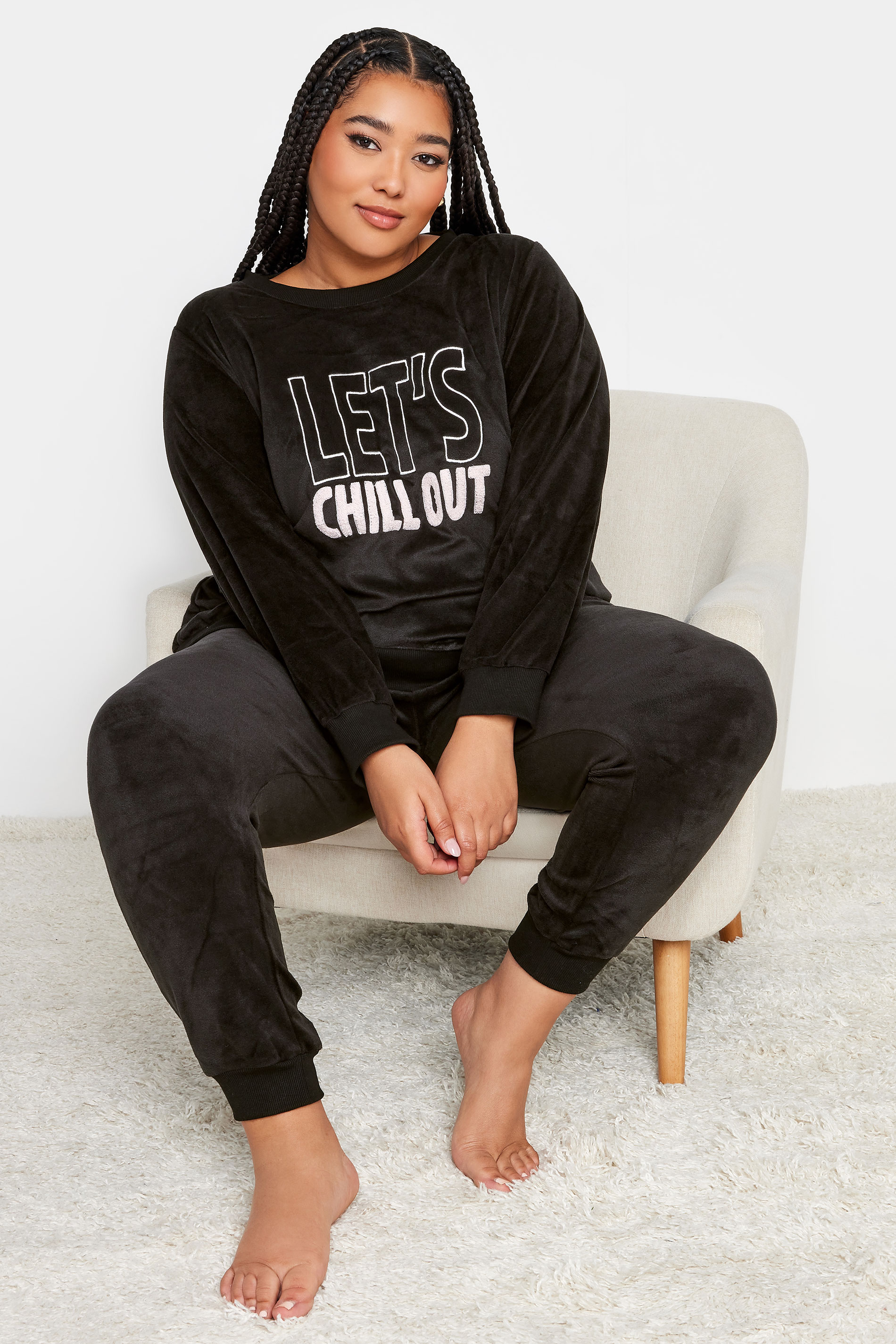 YOURS Plus Size Black 'Let's Chill' Fleece Lounge Set | Yours Clothing 1