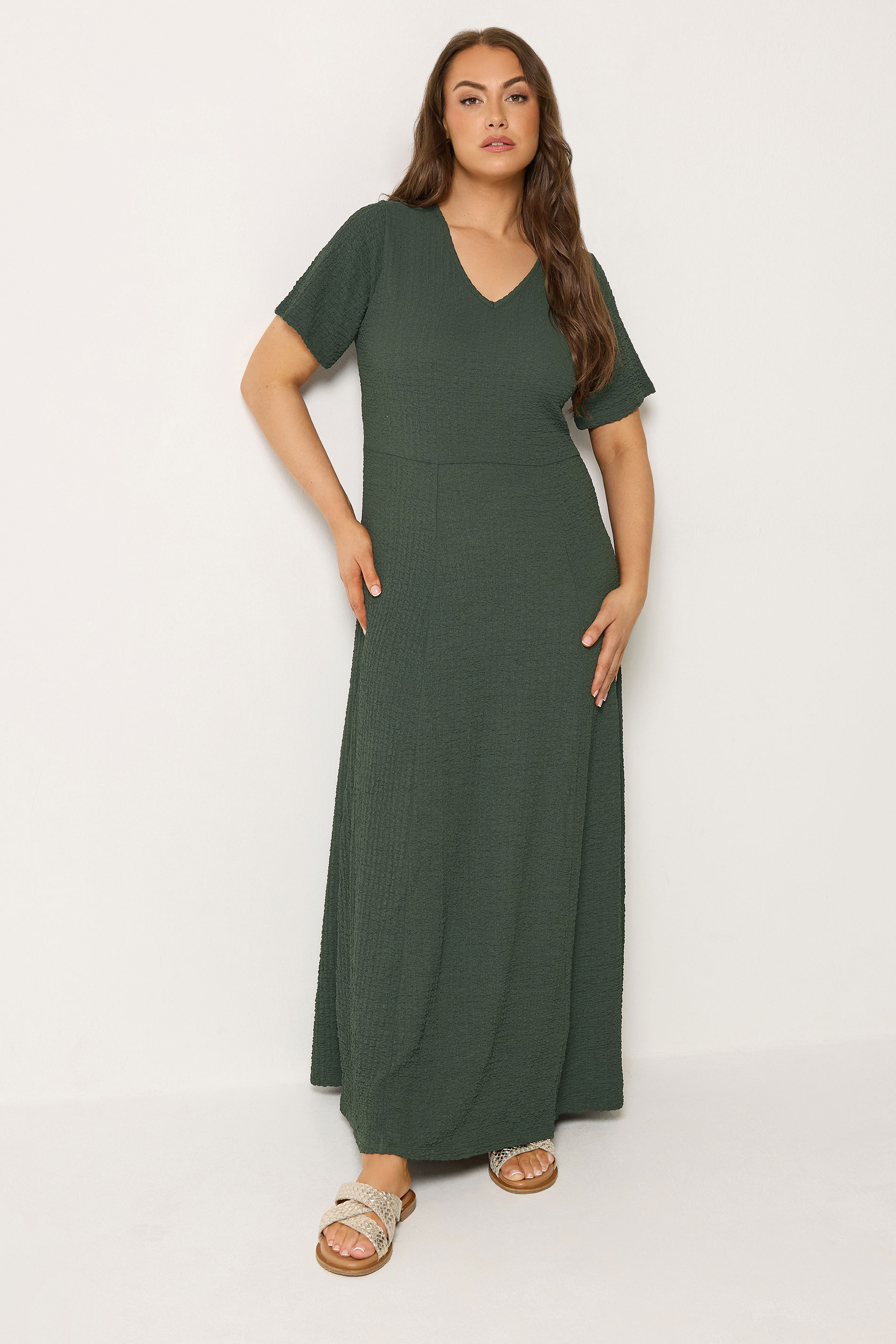YOURS Plus Size Khaki Green Textured Maxi Dress | Yours Clothing 1