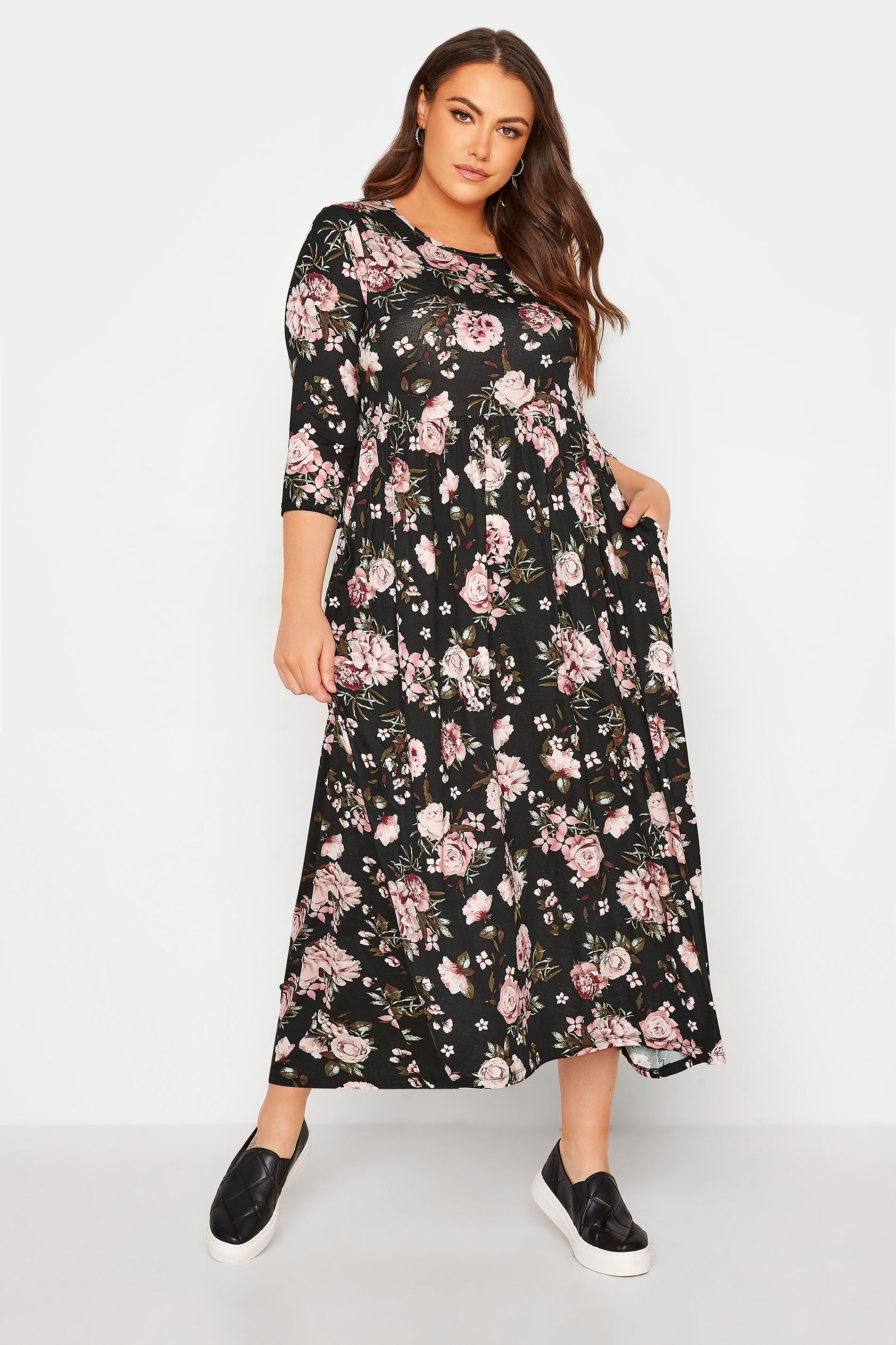 Robes Grande Taille Grande taille  Robes Imprimé Floral | Robe Midi Noire Floral Rose en Jersey - DC87098