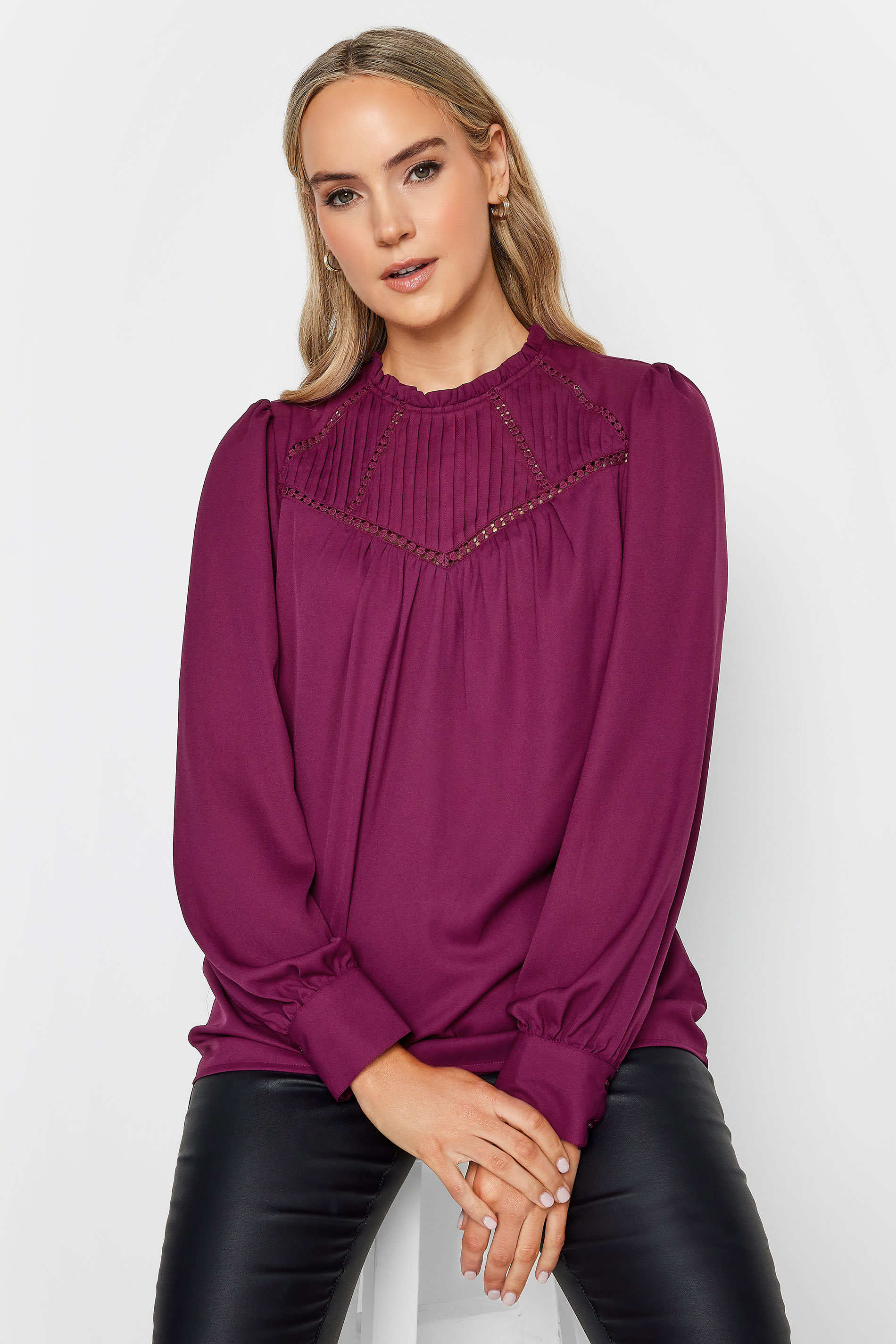 LTS Tall Berry Red Lace Detail Blouse | Long Tall Sally  1