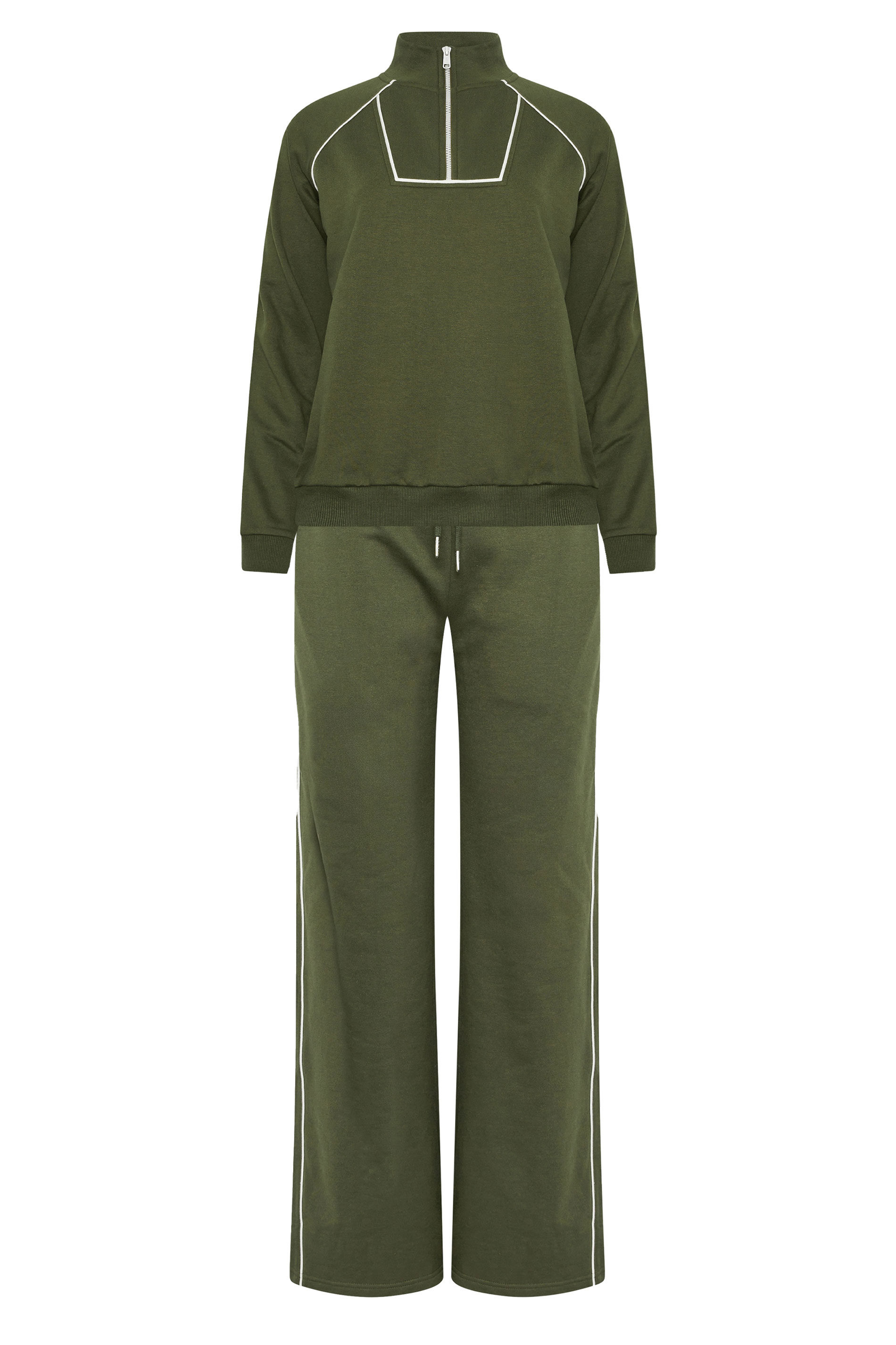 LTS Tall Women's Khaki Green Cotton Pipe Quarter Zip Sweatshirt & Wide Leg Trousers Set 10