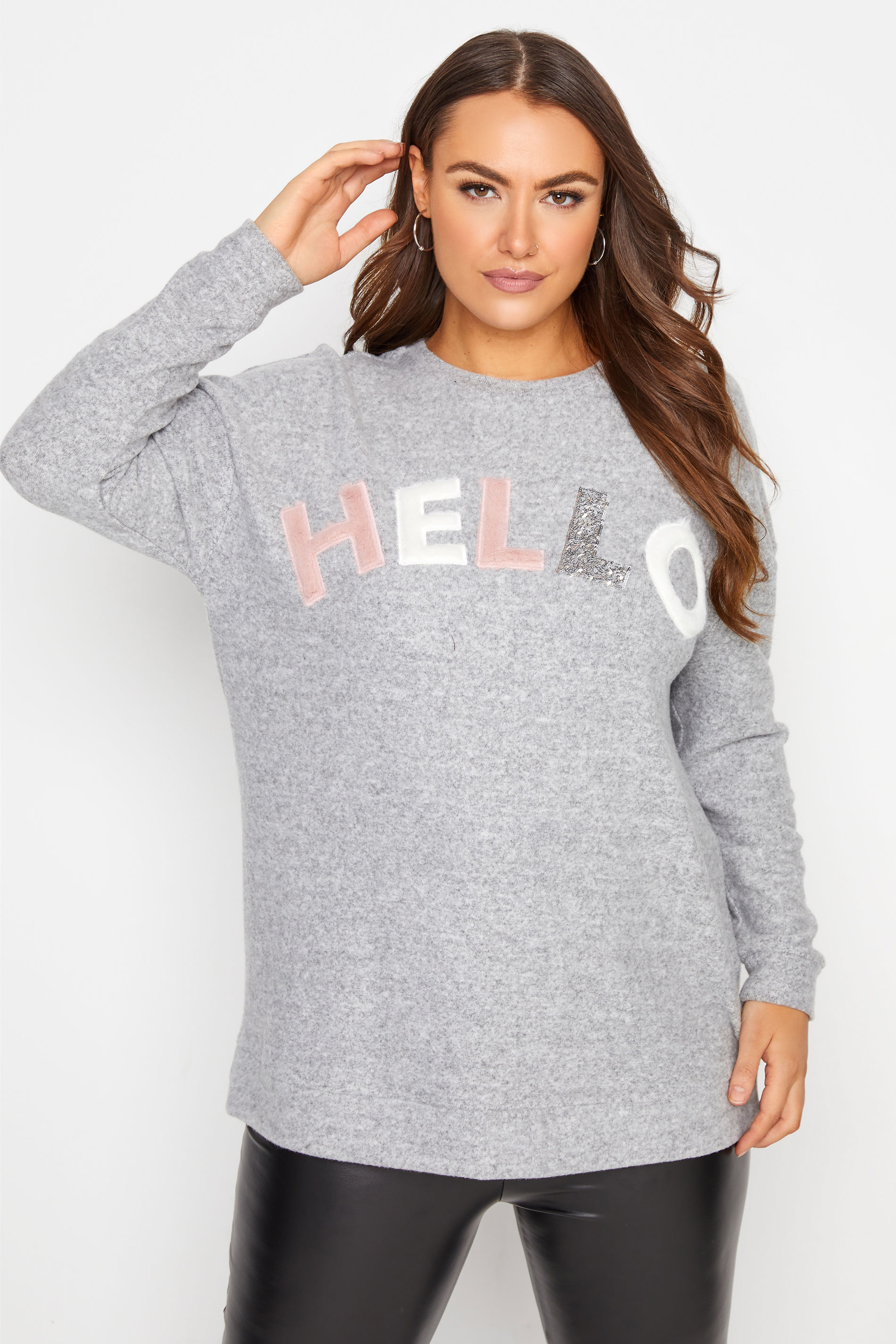 Grey Embellished 'Hello' Slogan Knitted Jumper_A.jpg