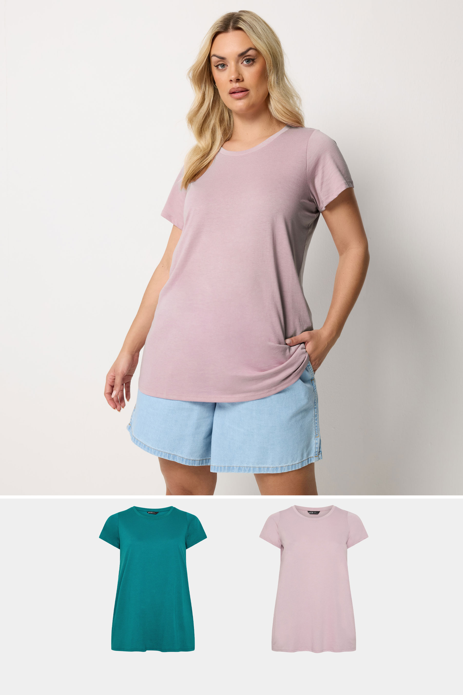 YOURS 2 PACK Plus Size Green & Pink Short Sleeve Core T-Shirts | Yours Clothing 1