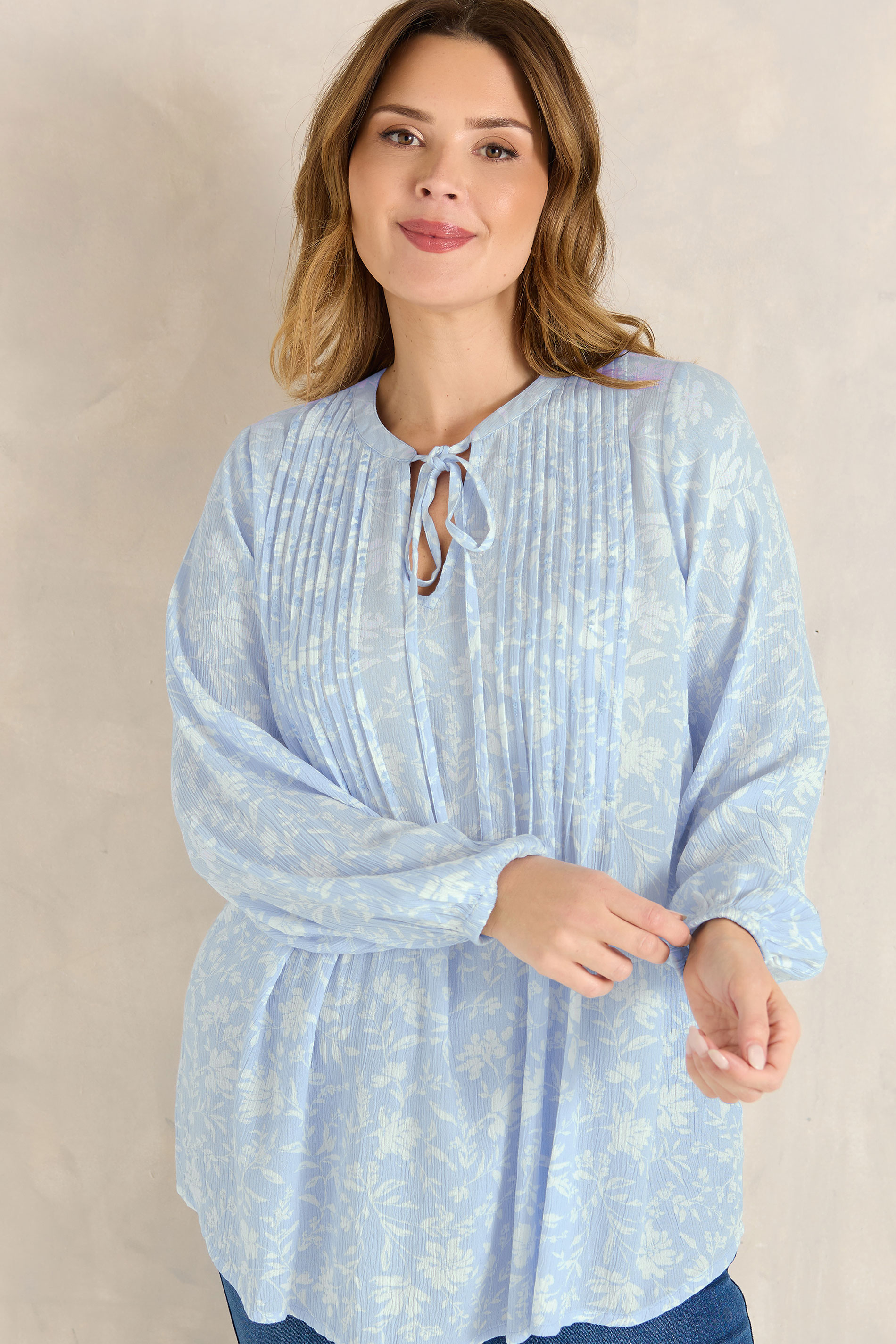 EVANS Plus Size Blue Floral Tie Neck Pintuck Blouse | Evans 1