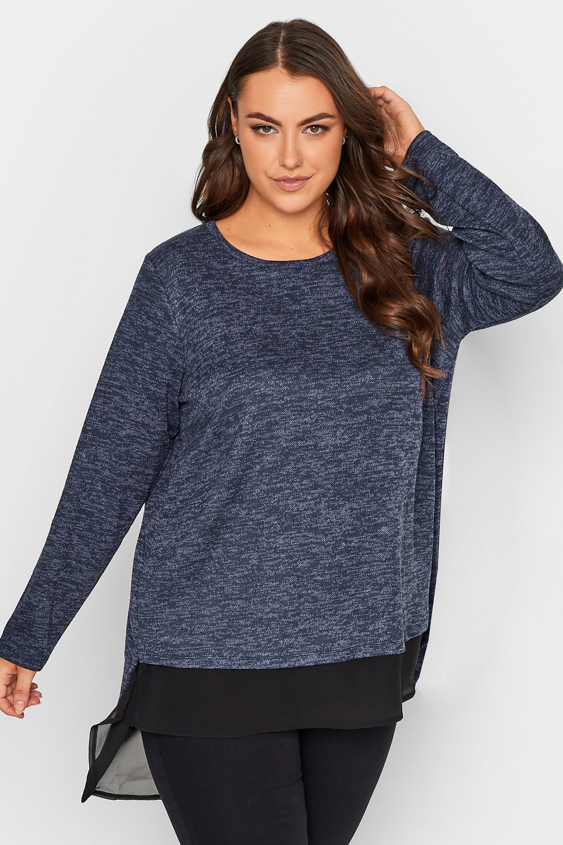 Plus Size Blue Mesh Hem Soft Touch Top | Yours Clothing 1