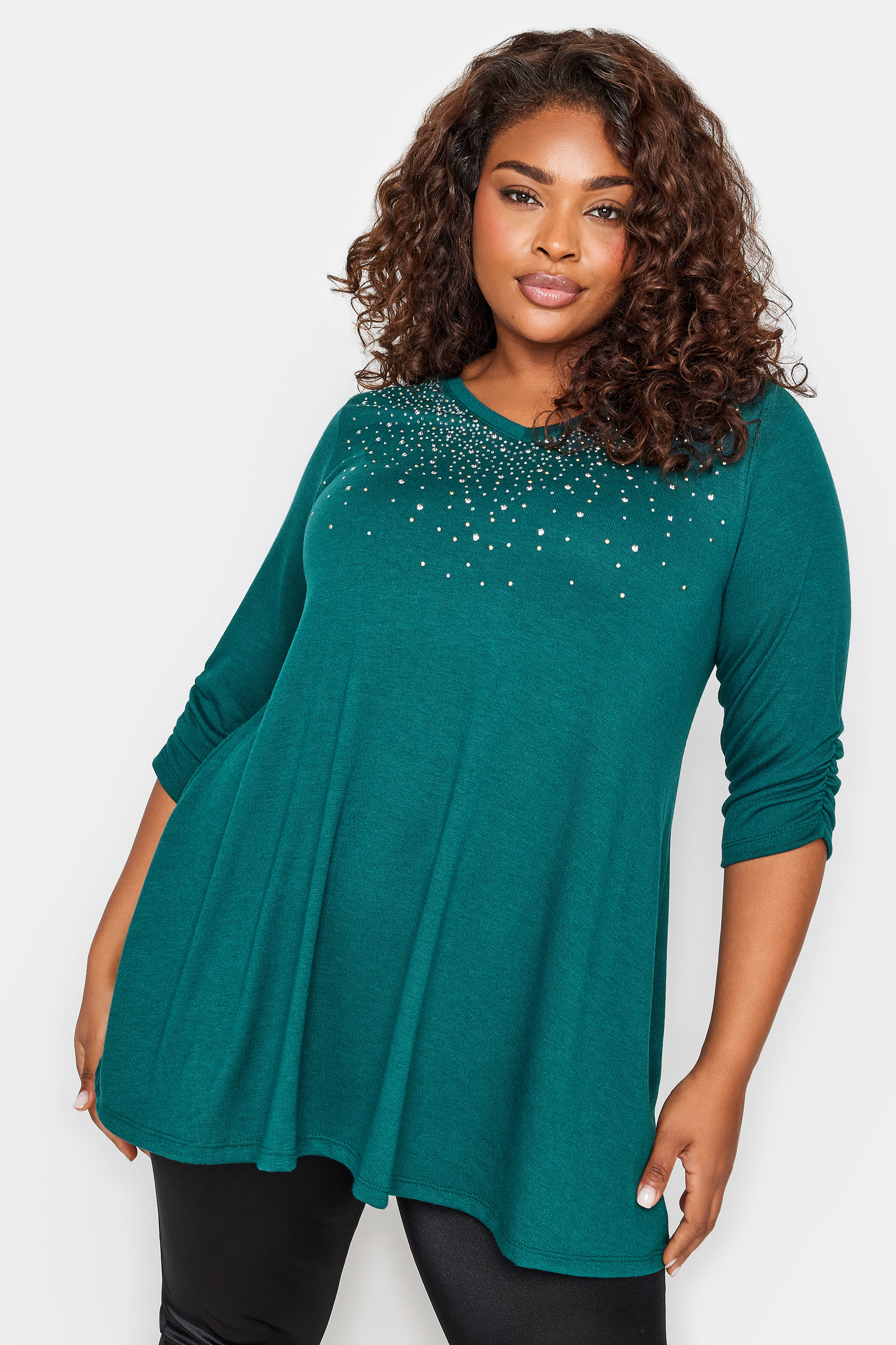 YOURS Plus Size Teal Blue Stud Embellished Swing Top | Yours Clothing 1