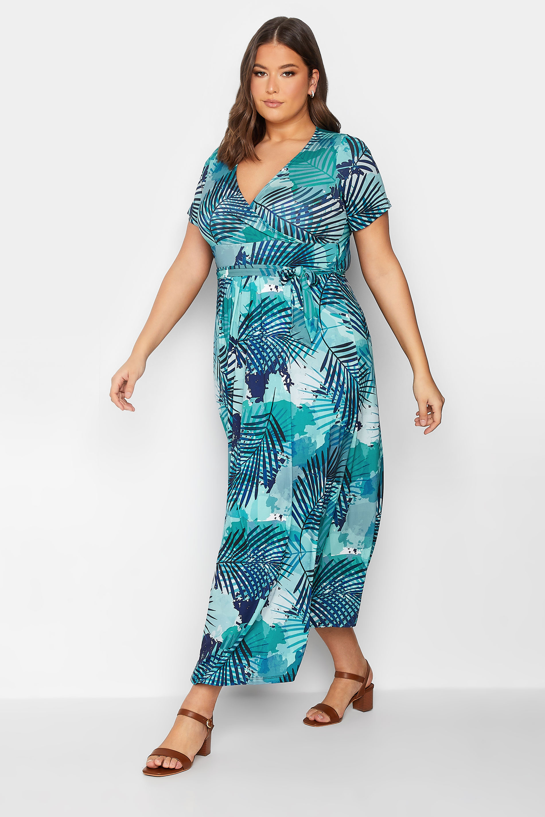 YOURS Plus Size Blue Leaf Print Wrap Maxi Dress | Yours Clothing