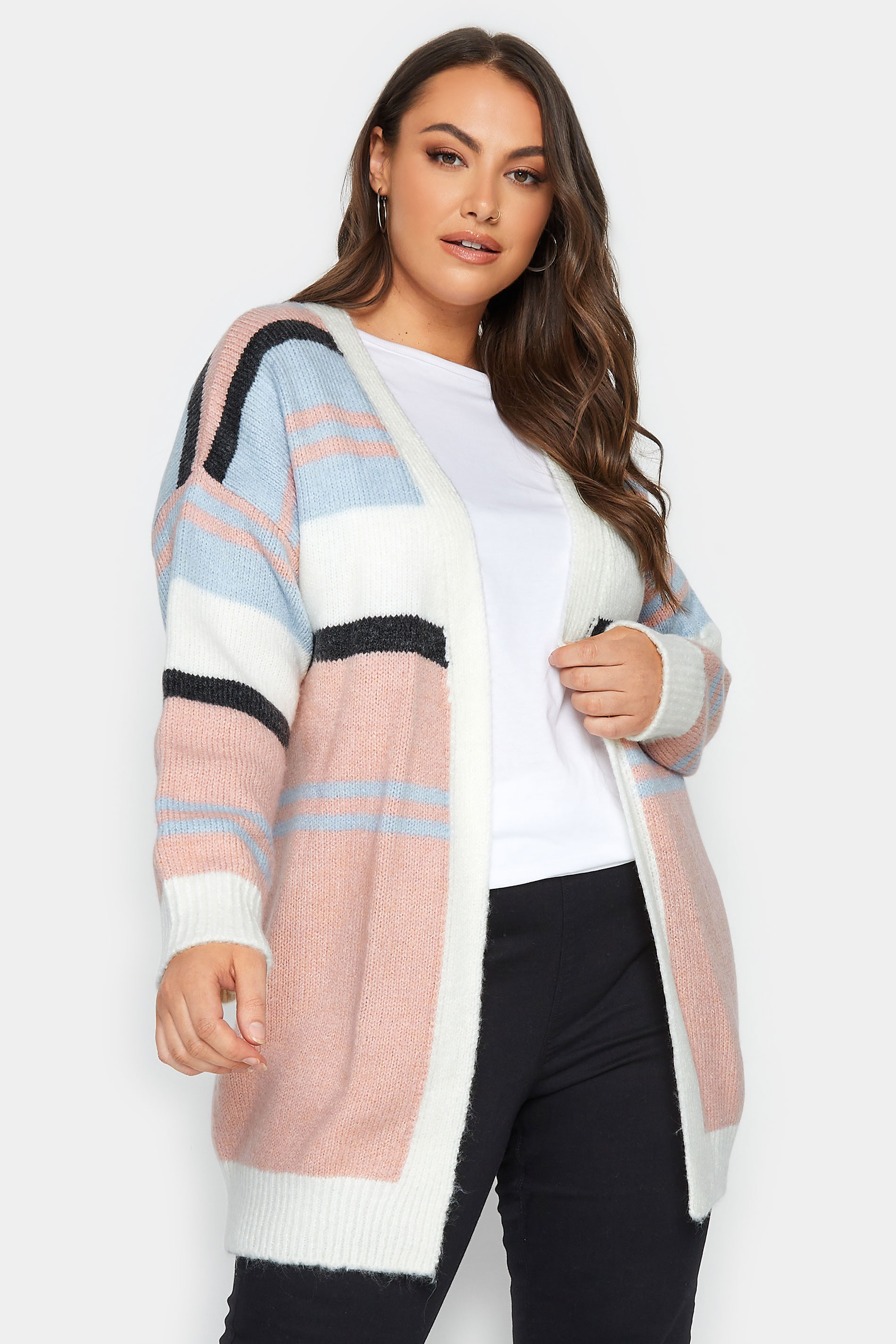 YOURS Plus Size Pink Colour Block Striped Cardigan | Yours Clothing 1