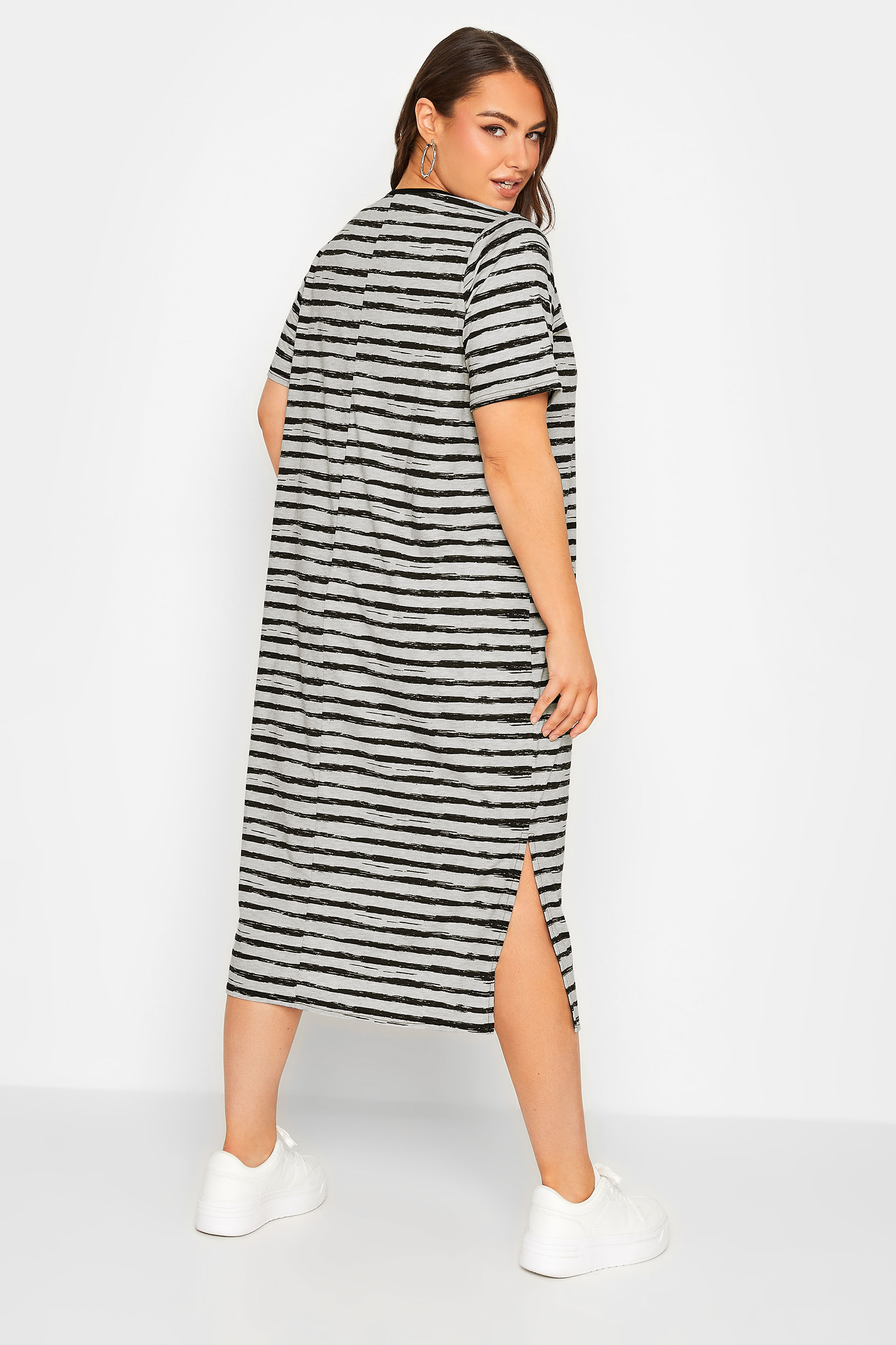 YOURS Plus Size Grey Stripe Maxi T-Shirt Dress | Yours Clothing 3