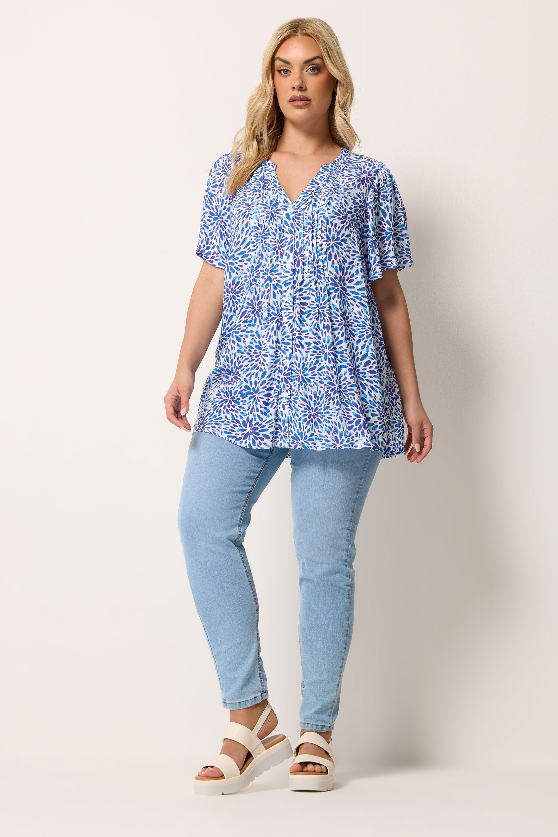 YOURS Plus Size Blue Floral Pintuck Blouse | Yours Clothing 1