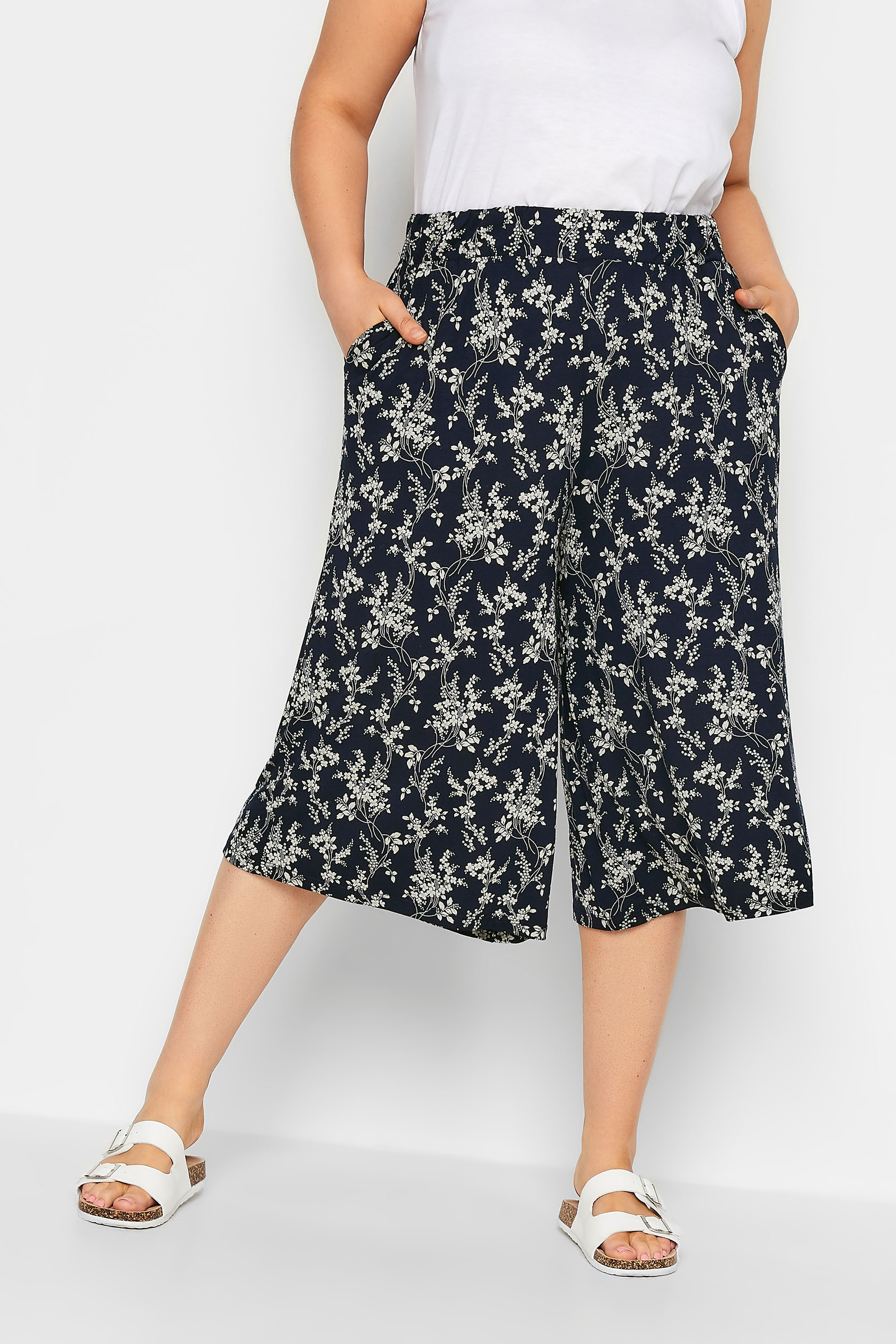 YOURS Curve Blue Floral Print Culottes | Yours Clothing 1
