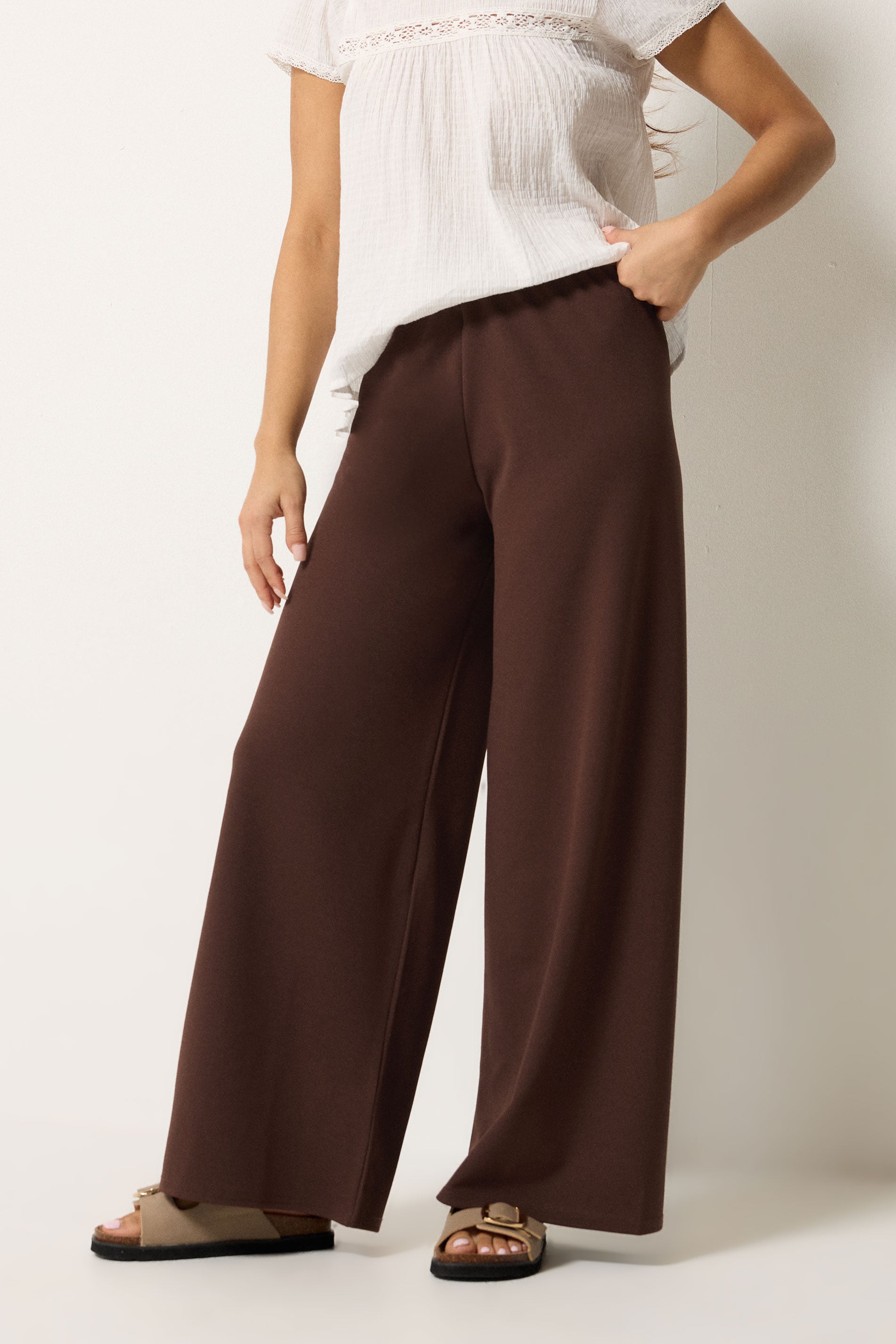 PixieGirl Petite Women's Chocolate Brown Scuba Wide Leg Trousers | PixieGirl 1