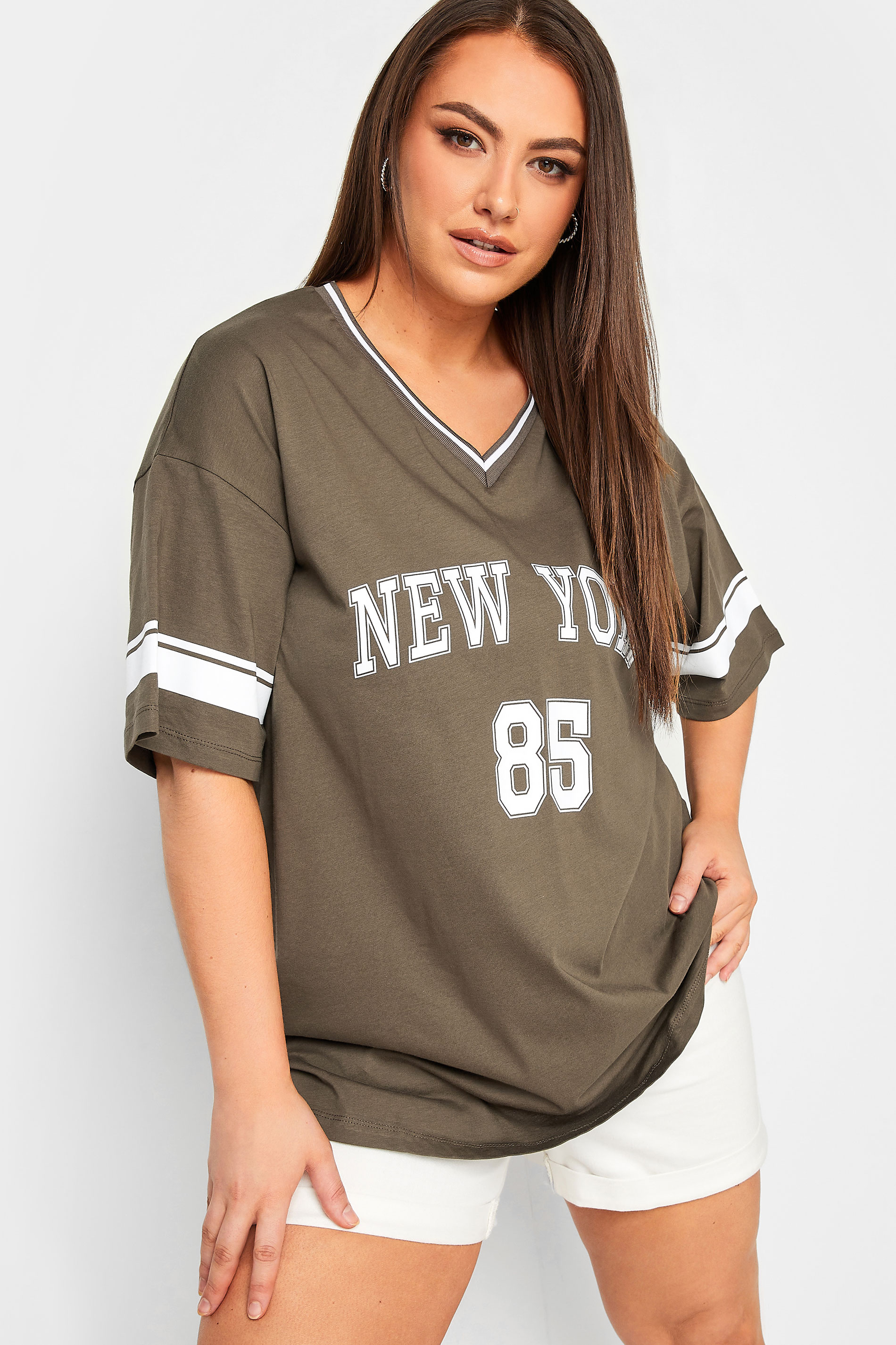 Plus Size Yours Curve Khaki Green 'New York' Slogan Varsity Tshirt Size 26-28 | Women's Plus Size and Curve Fashion