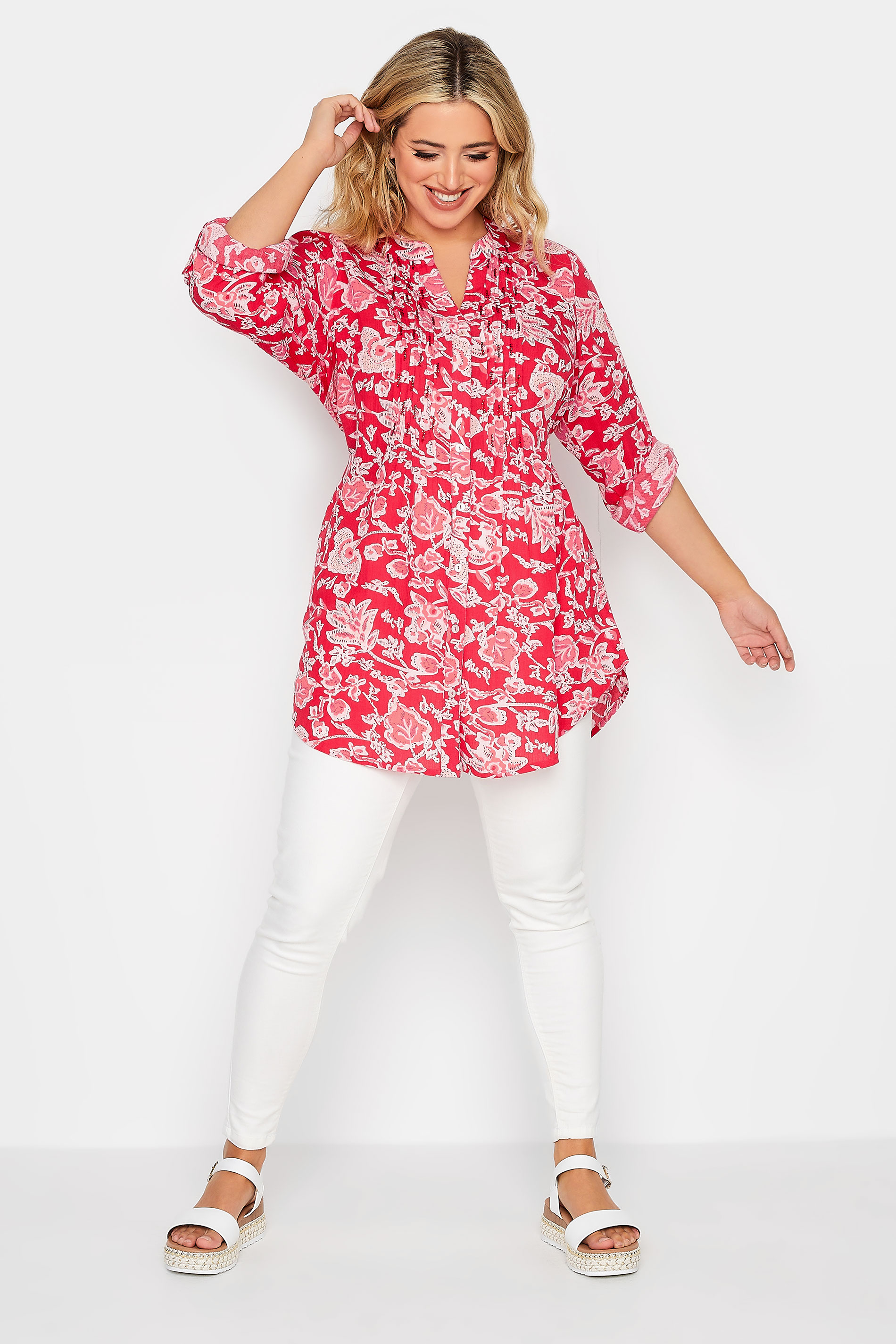 YOURS Curve Pink Floral Print Pintuck Shirt | Yours Clothing 2