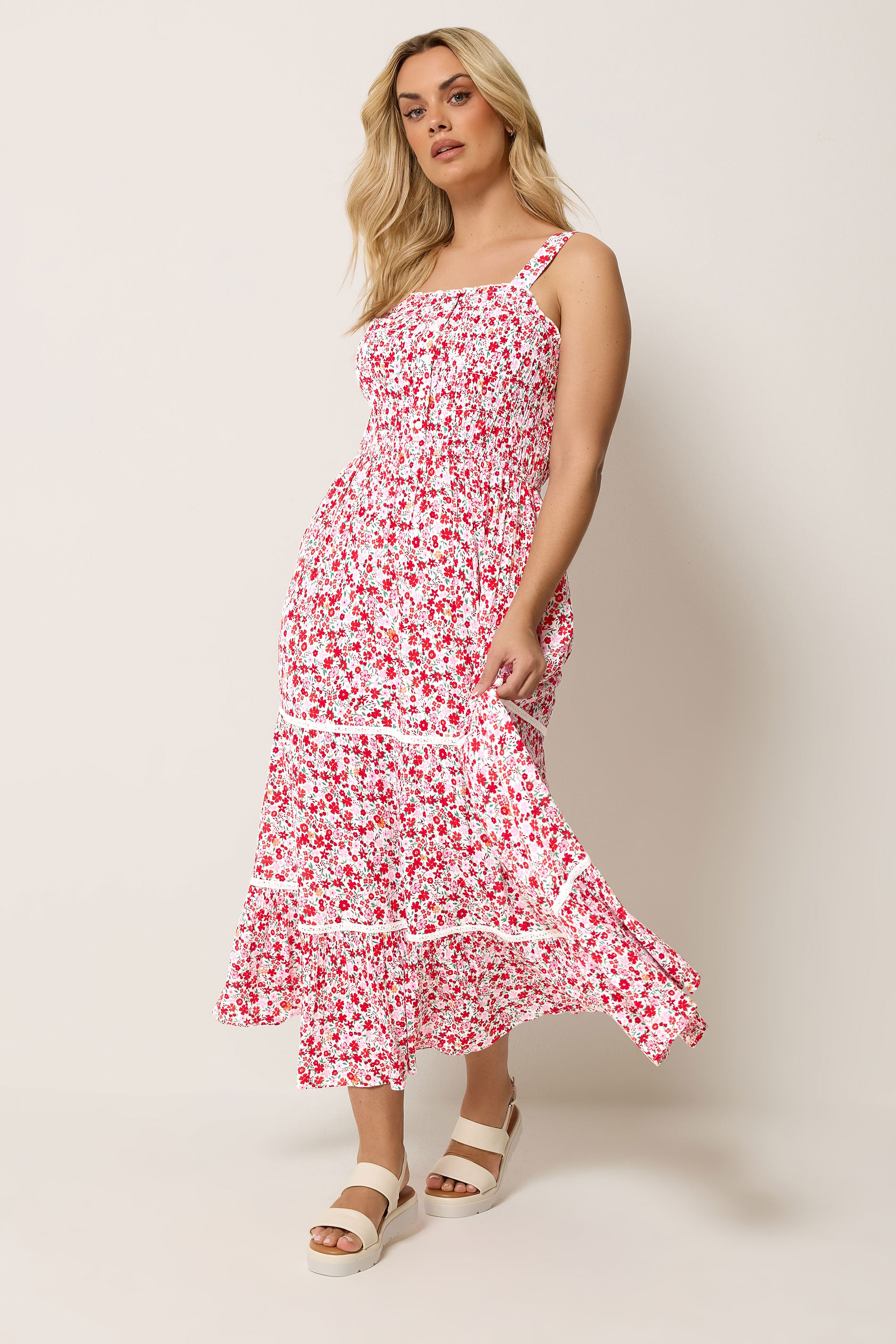 YOURS Plus Size Pink Shirred Floral Placket Dress | Yours Clothing 1
