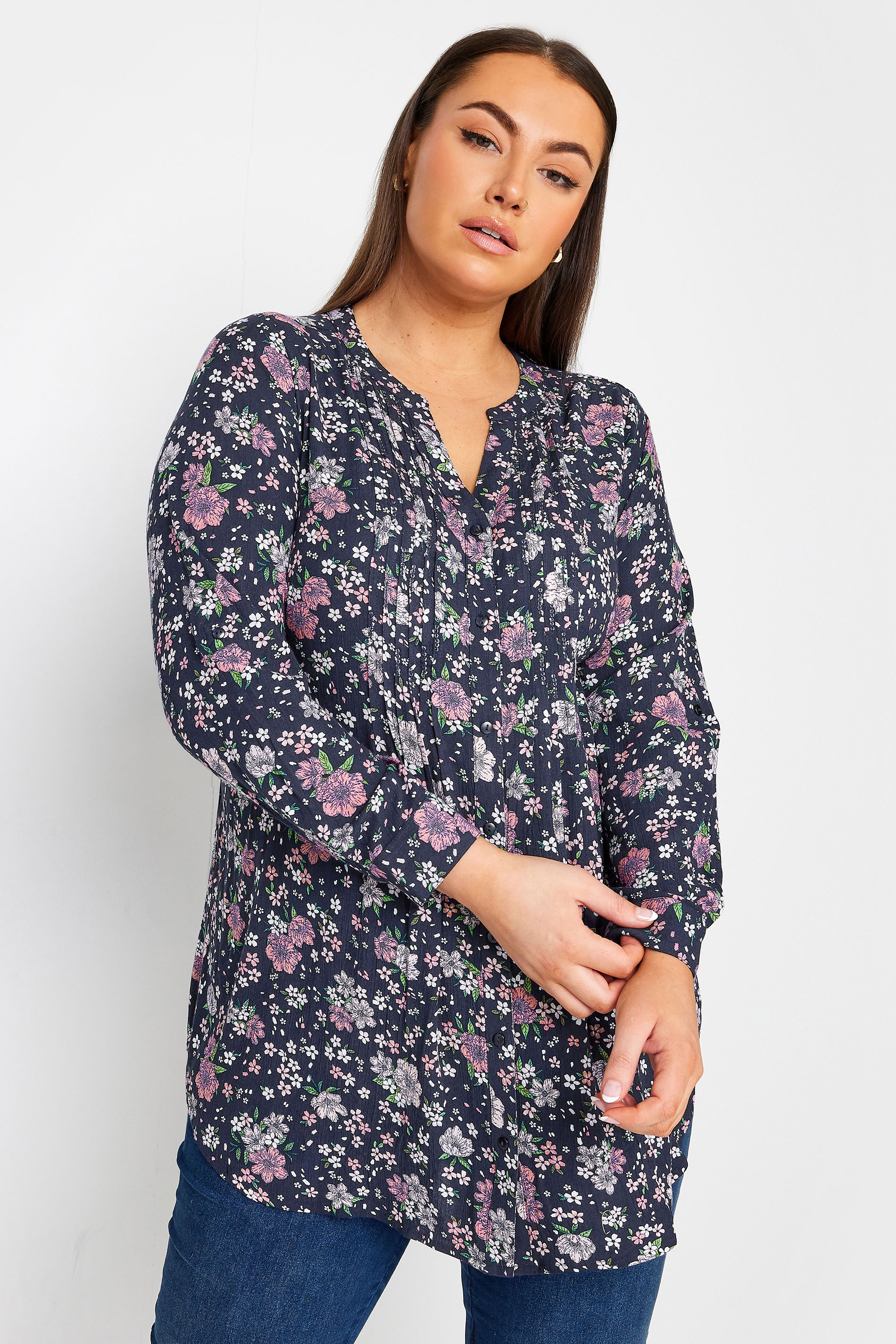 YOURS Plus Size Navy Blue Floral Print Pintuck Blouse | Yours Clothing 1