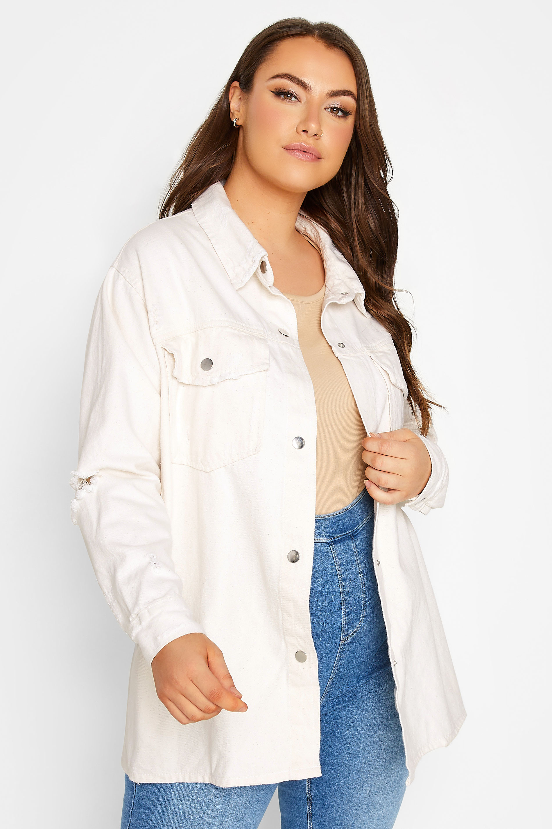 Plus Size Ivory White Western Style Distressed Denim Jacket  | Yours Clothing 1