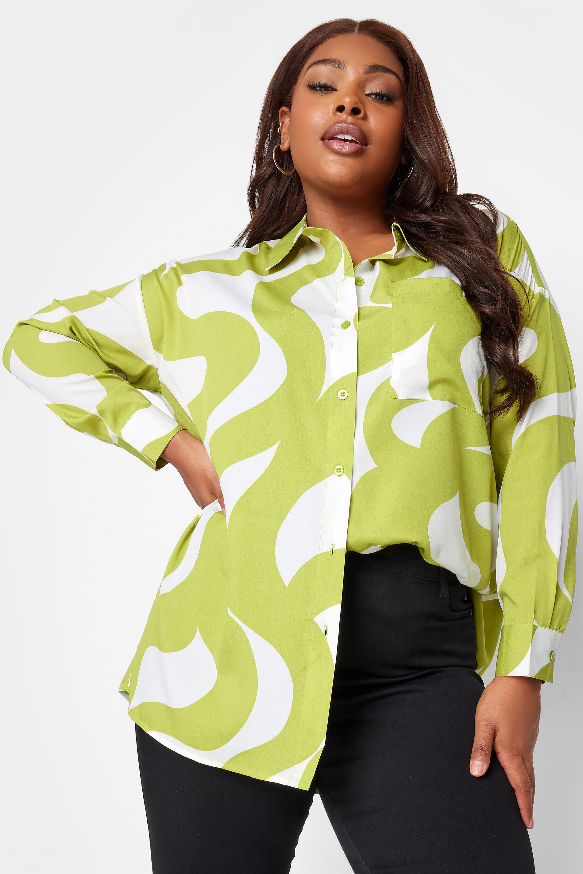 YOURS Plus Size Green Swirl Print Oversized Boyfriend Shirt | Yours Clothing 1