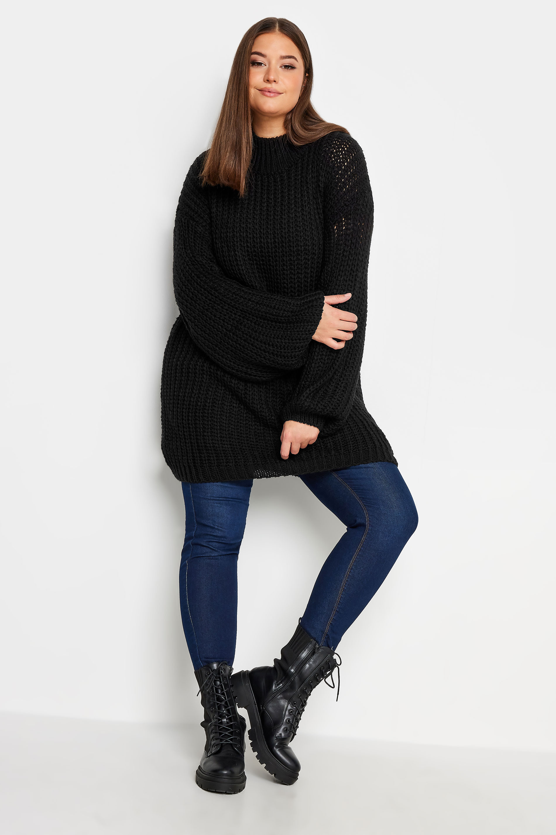 YOURS Plus Size Black Funnel Neck Oversized Knitted Jumper | Yours Clothing 2