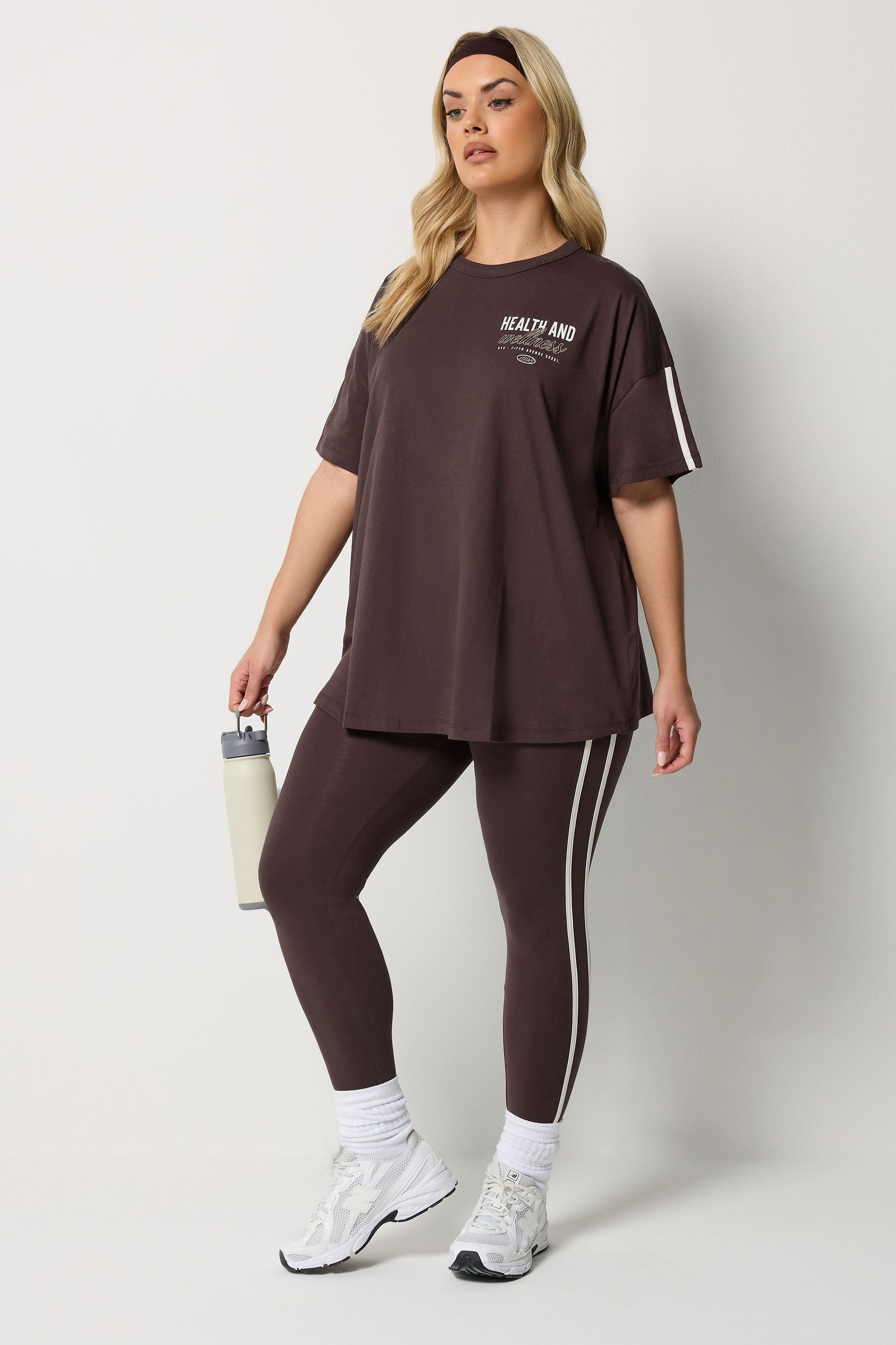 YOURS ACTIVE Plus Size Chocolate Brown Side Stripe Leggings | Yours Clothing 2