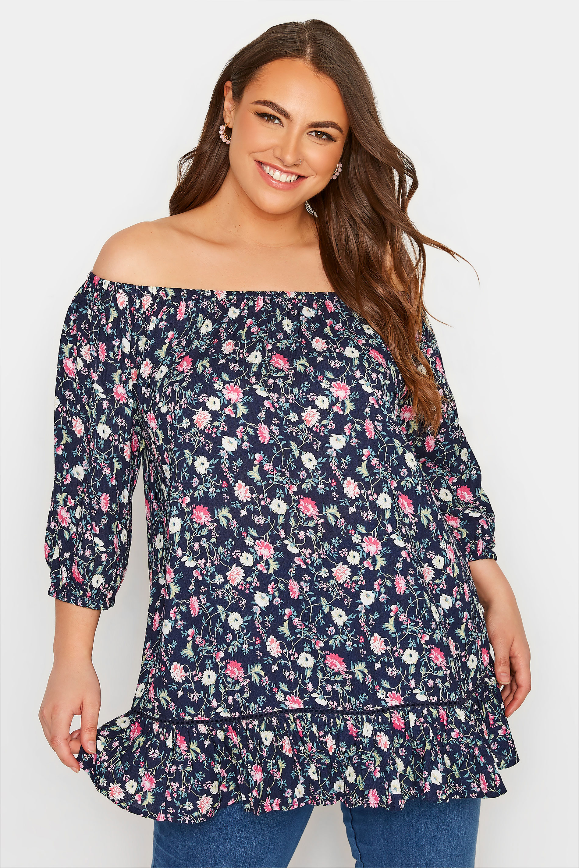 Plus Size Navy Blue Floral Print Bardot Top | Yours Clothing 1