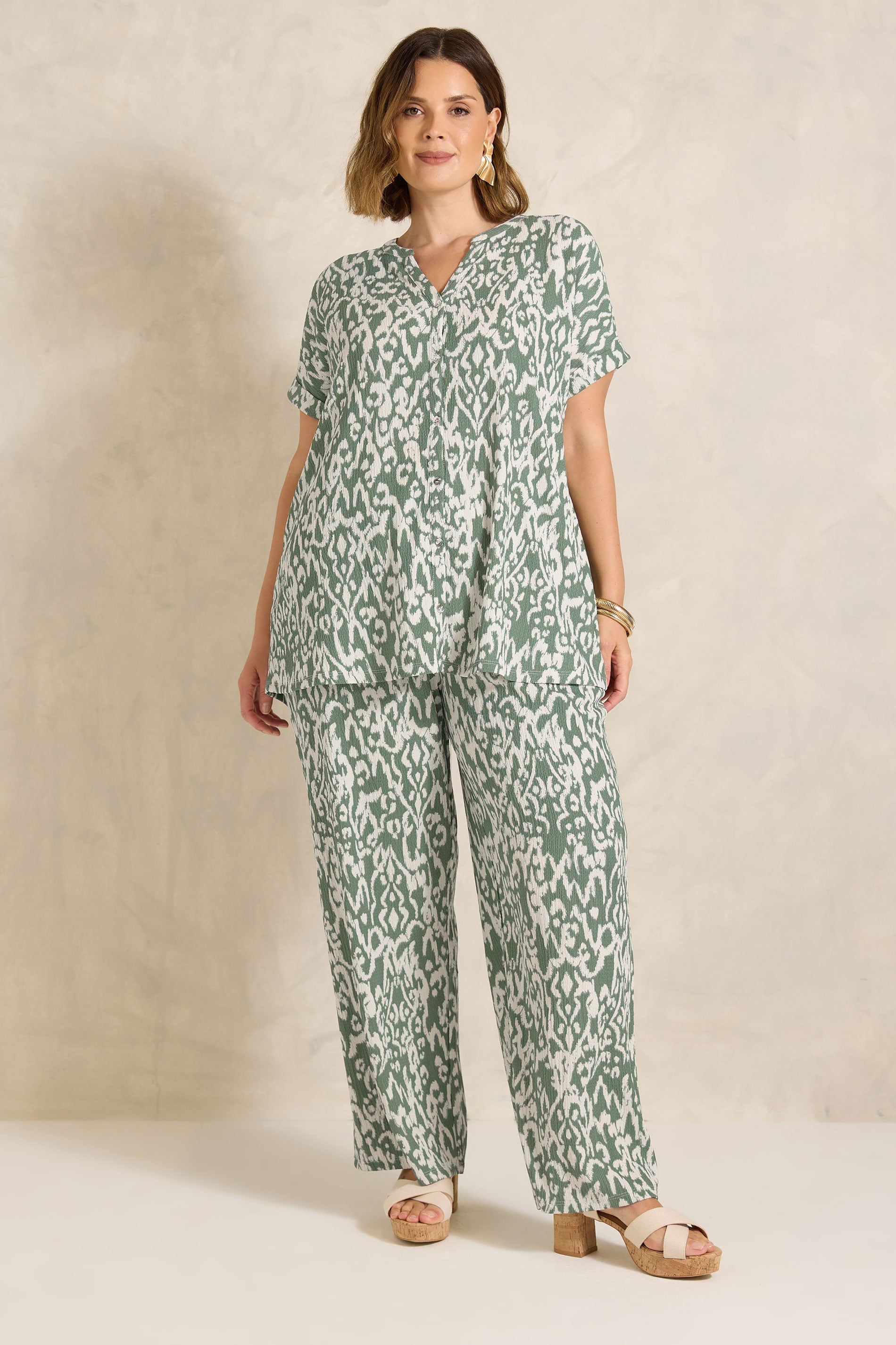 EVANS Plus Size Khaki Green Aztec Print Wide Leg Trouser | Evans 3