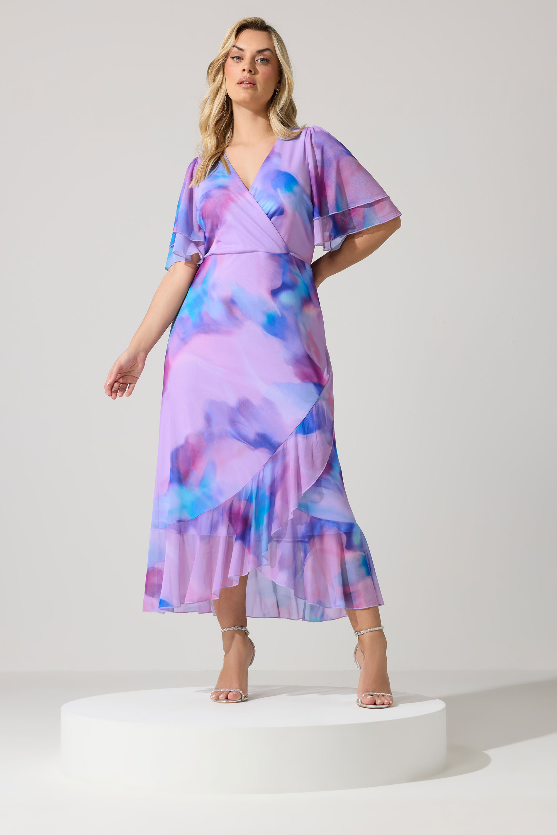 YOURS LONDON Plus Size Purple Abstract Wrap Ruffle Hem Dress | Yours Clothing 3