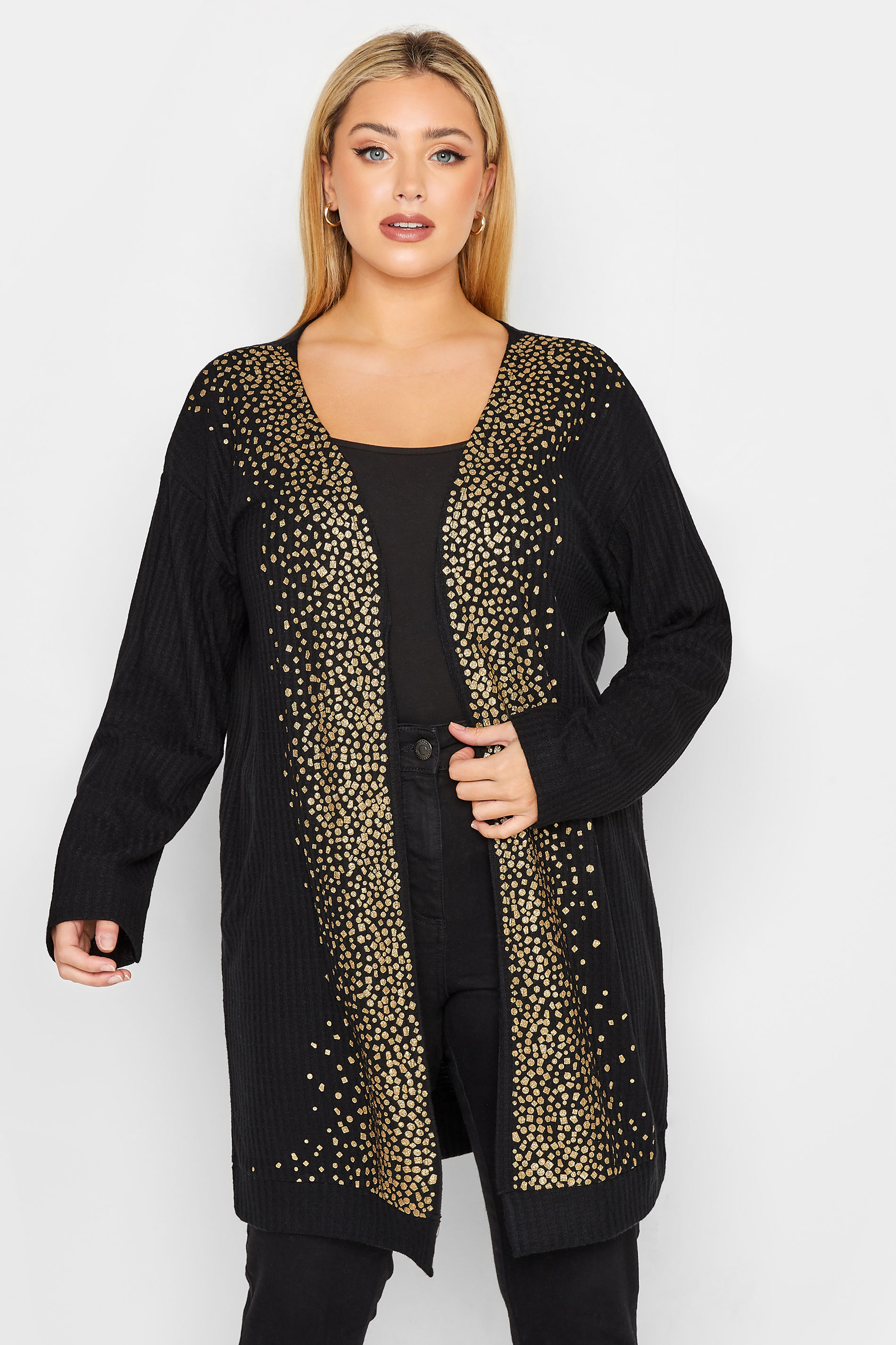 YOURS LUXURY Plus Size Curve Black & Gold Glitter Soft Touch Cardigan | Yours Clothing  1