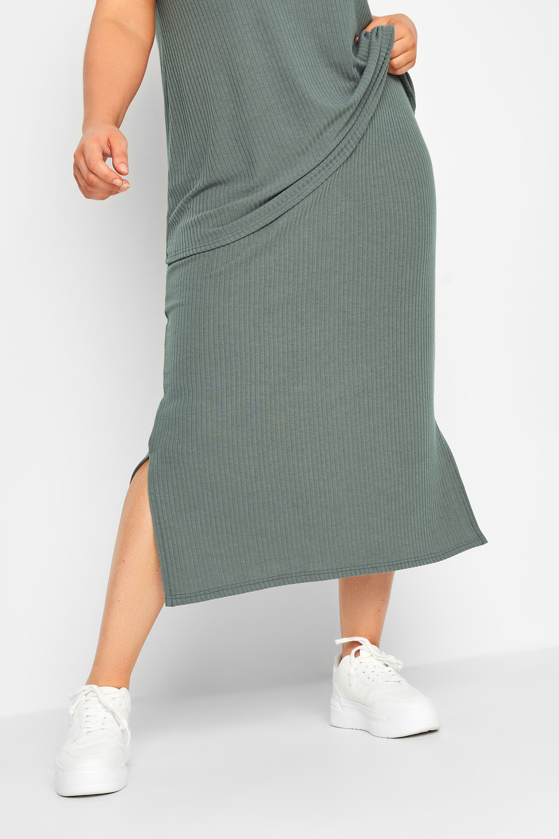 YOURS Plus Size Sage Green Ribbed Midi Skirt | Yours Clothing 2