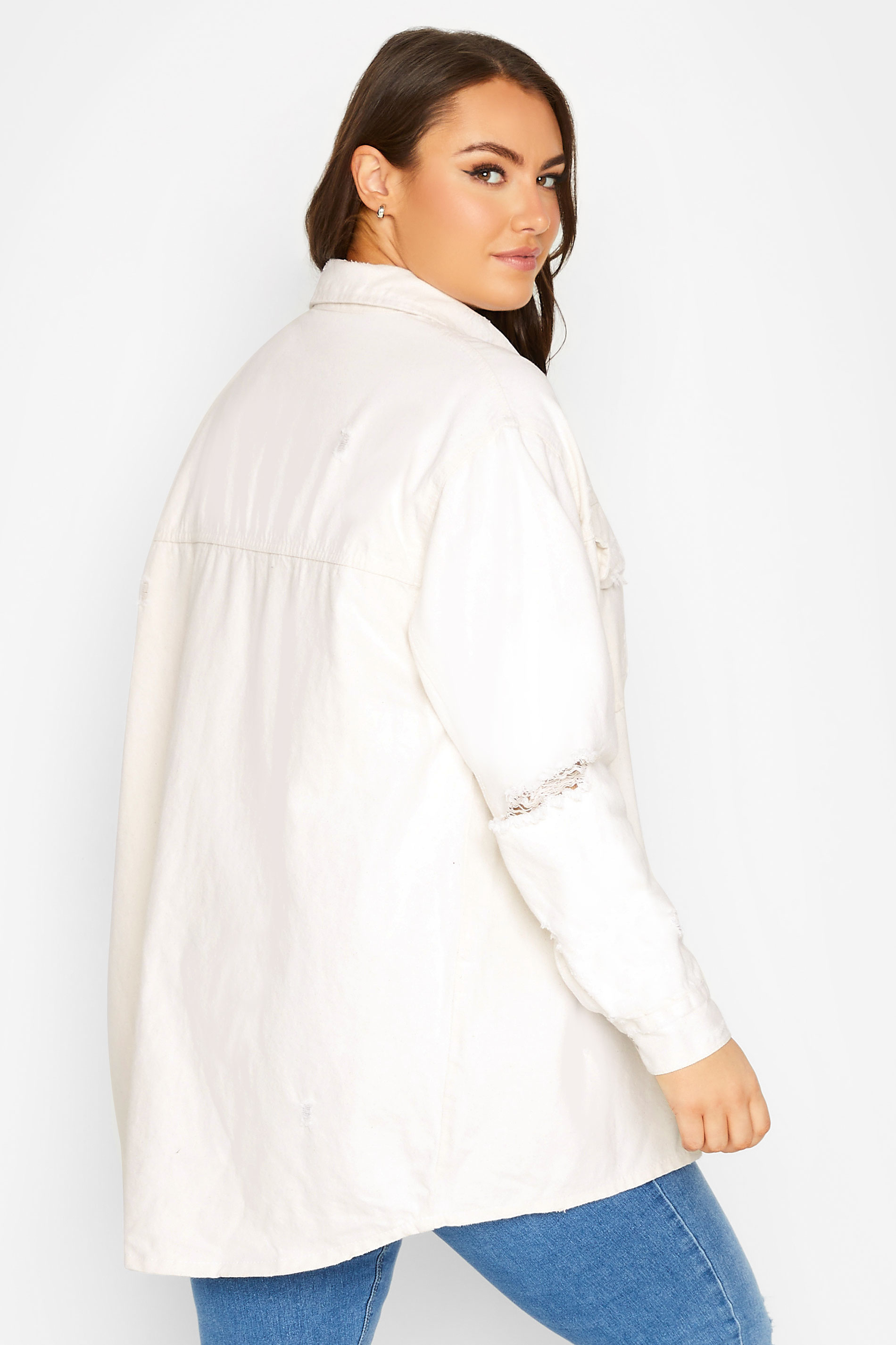 Plus Size Ivory White Western Style Distressed Denim Jacket  | Yours Clothing 3